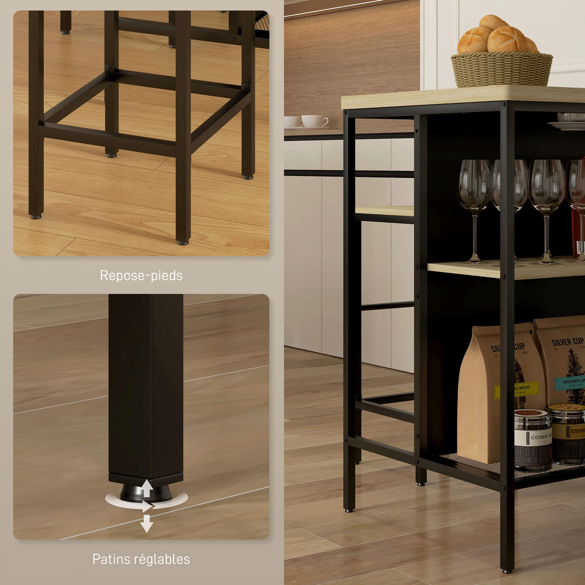 BARTISCH-SET DE-14743 mit Ablage & Fußstütze Schwarz/Holzoptik - Naturfarben, Holzwerkstoff (100/60/95cm) - ComfortXL
