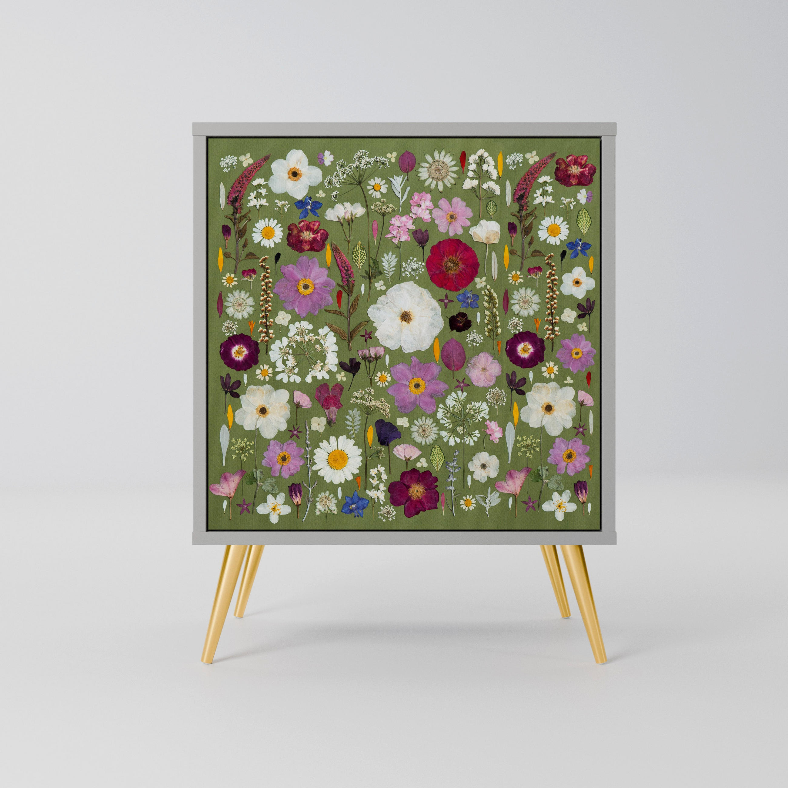 SIDEBOARD WILD GARDEN, Grau, 57,5x42x75,5 cm, Goldfarbene Metallfüße - Goldfarben/Multicolor, Holzwerkstoff/Metall (57.5/75.5/42cm) - SpaceRebels