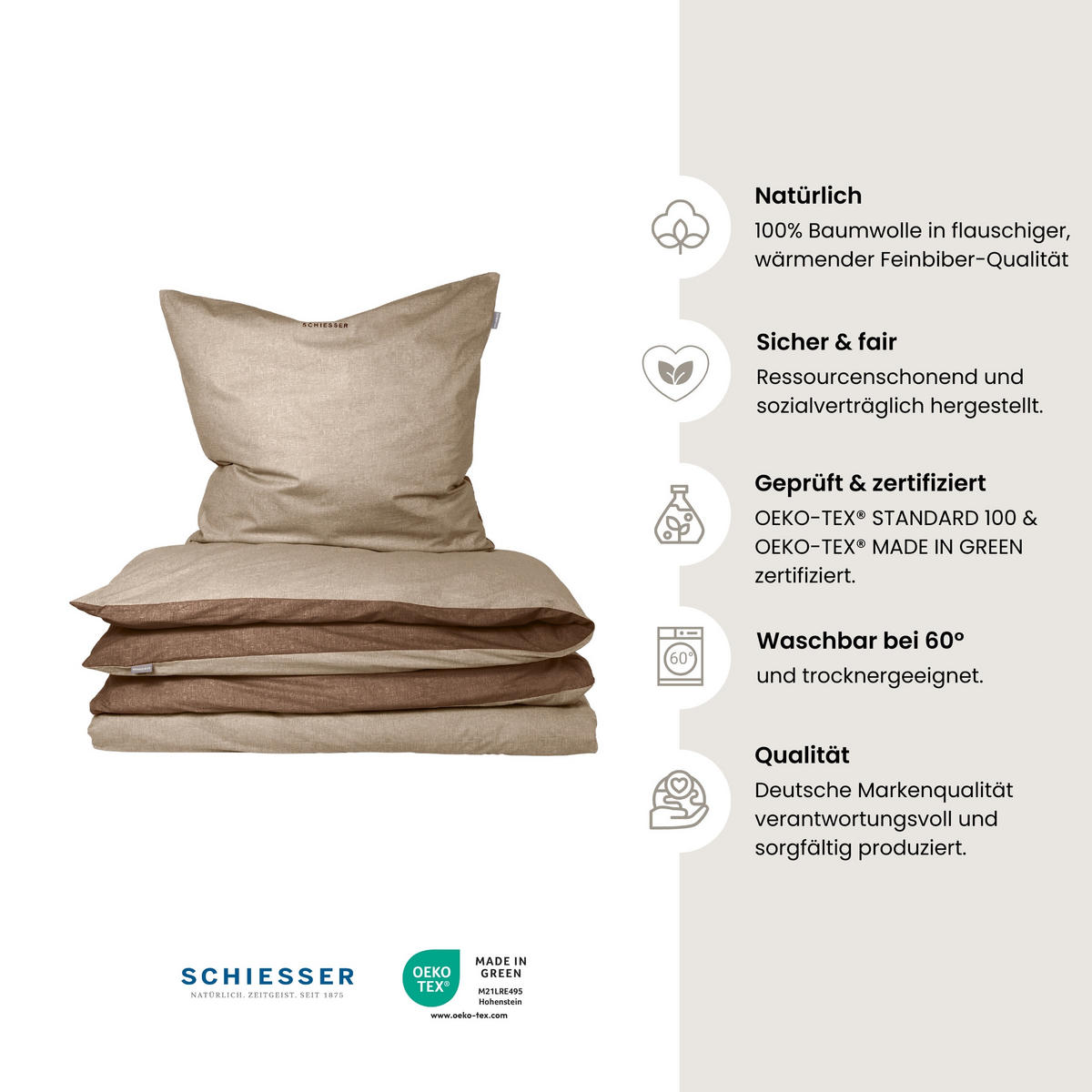 BETTWÄSCHESET Doubleface - Feinbiber - 2-teilig - 155 x 220 cm - Sand - Sandfarben, Textil (155/220cm) - SCHIESSER