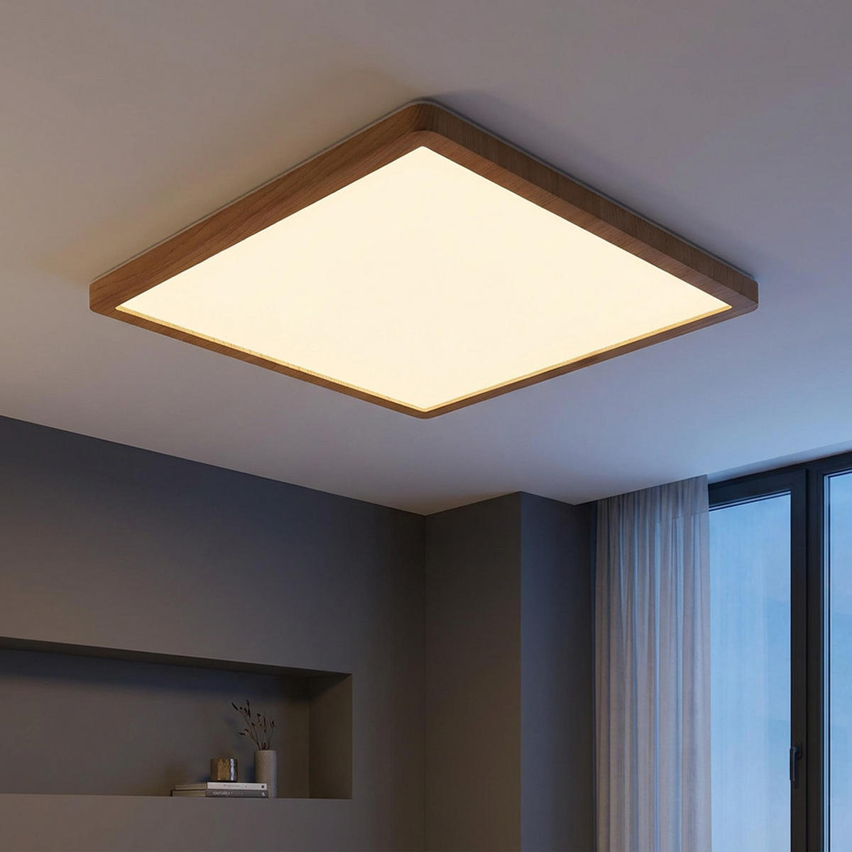 LED DECKENLEUCHTE SAPANA Braun Holzoptik - Braun, Kunststoff (42/42/2.5cm) - Globo Lighting