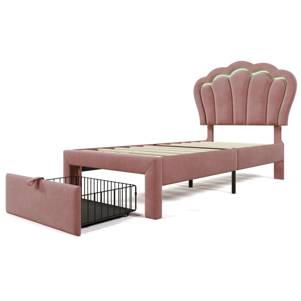 JUGENDBETT 90/190 cm aus Samt mit LED-Beleuchtung, Schublade und höhenverstellbarem Kopfteil Rosa - Rosa, Textil (90/190cm) - Modenvie