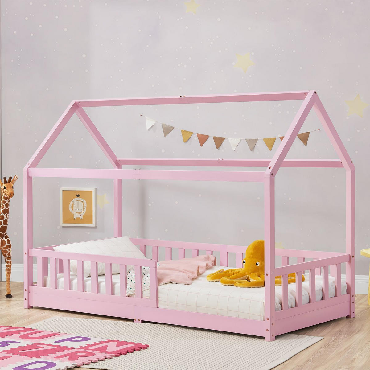 KINDERBETT Marli mit Matratze rosa 90x200 cm - Rosa, Holz (90/200cm) - Juskys