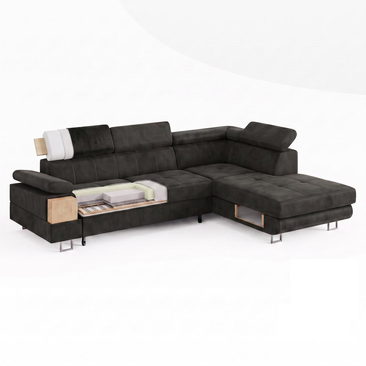 ECKSOFA CAROLINE Rechts Hellrosa Velours-Stoff mit Schlaffunktion und Bettkasten - Chromfarben/Pink, Textil (253/190cm) - Barchello