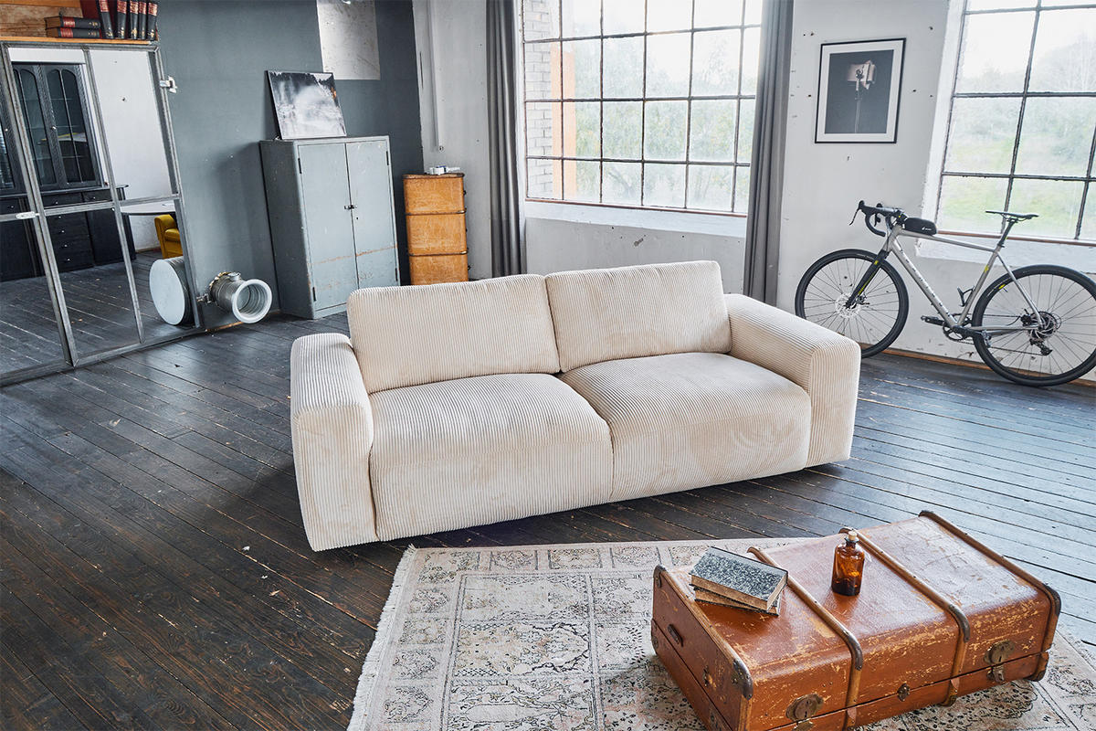 SOFA BODHI Cremeweiß Cord - Creme/Schwarz, Kunststoff/Textil (242/80/110cm) - KAWOLA