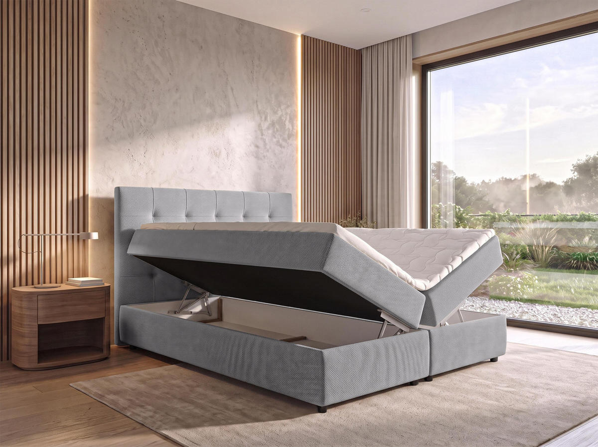 BOXBETT SAKARYA 160x200 cm mit Bettkasten und Matratze - Hellgrau + TOPPER - Hellgrau/Schwarz, Holz/Holzwerkstoff (160/200cm) - AX Living