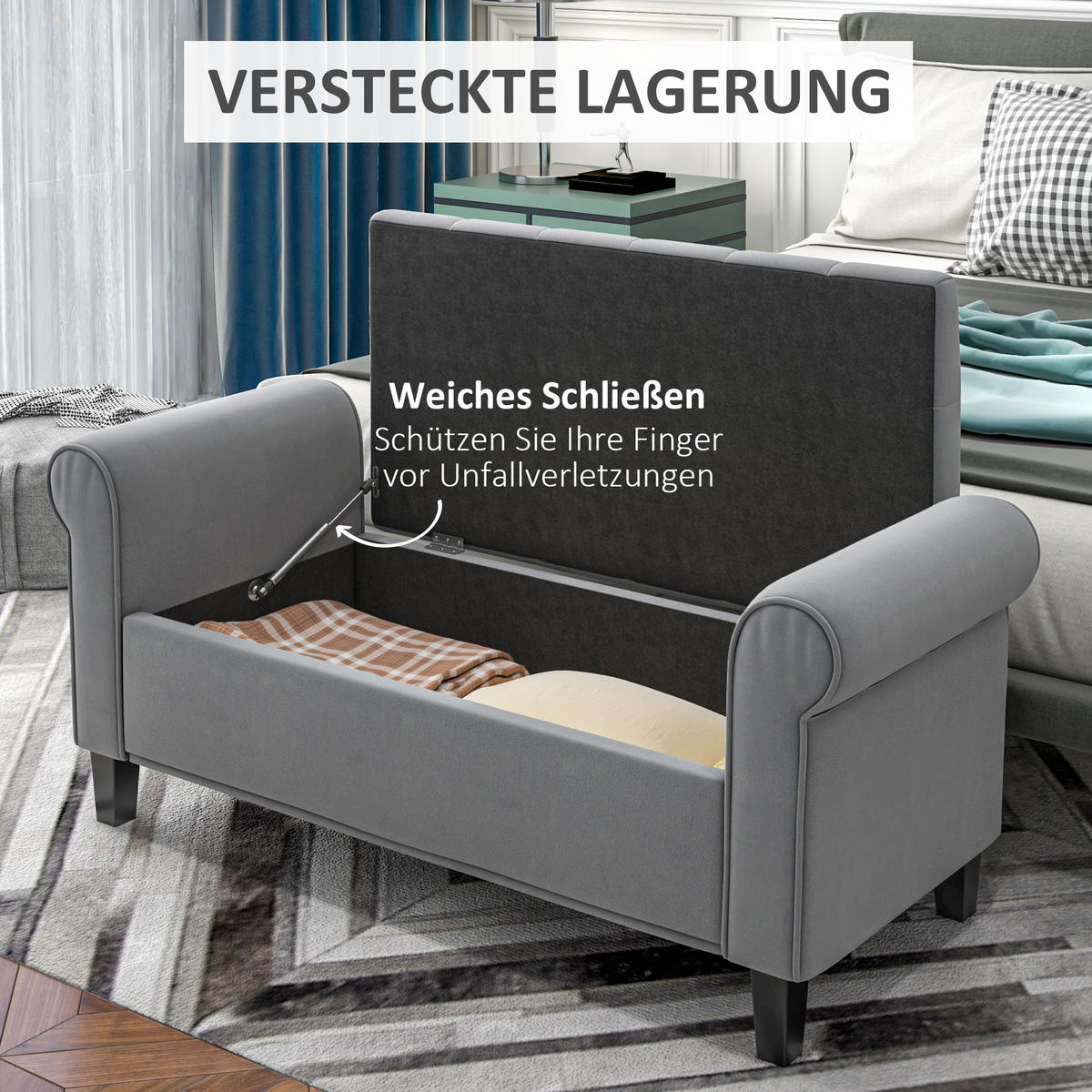 BETTBANK mit Stauraum für Schlafzimmer, bis 120 kg Belastbar, Grau - Grau, Kunststoff (48.5/57/126cm) - HOMCOM