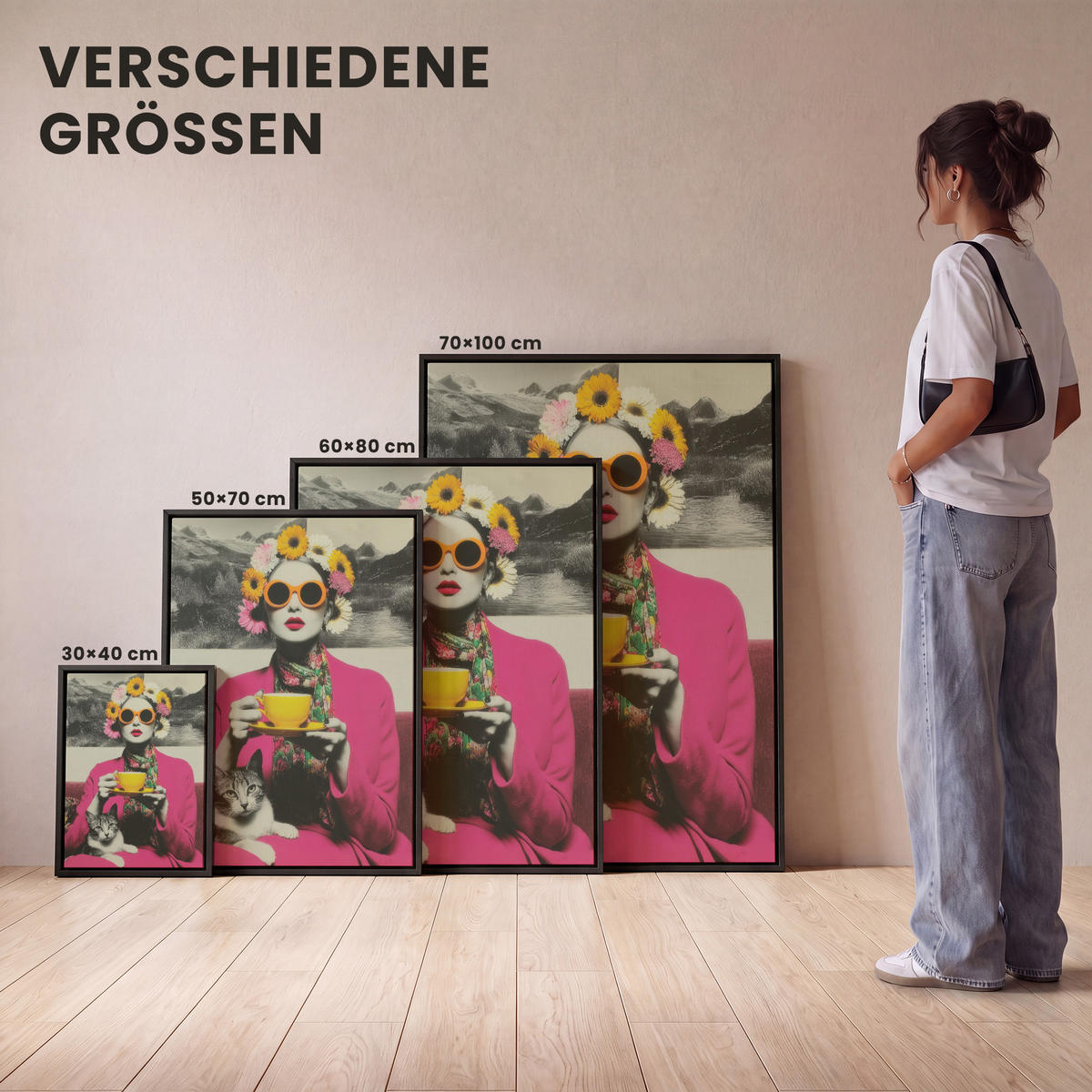 LEINWAND Bilder mit Rahmen - Frau - Katze - Blumen - Tasse - Retro - 30x40 - Magenta, Textil (30/40cm) - MuchoWow