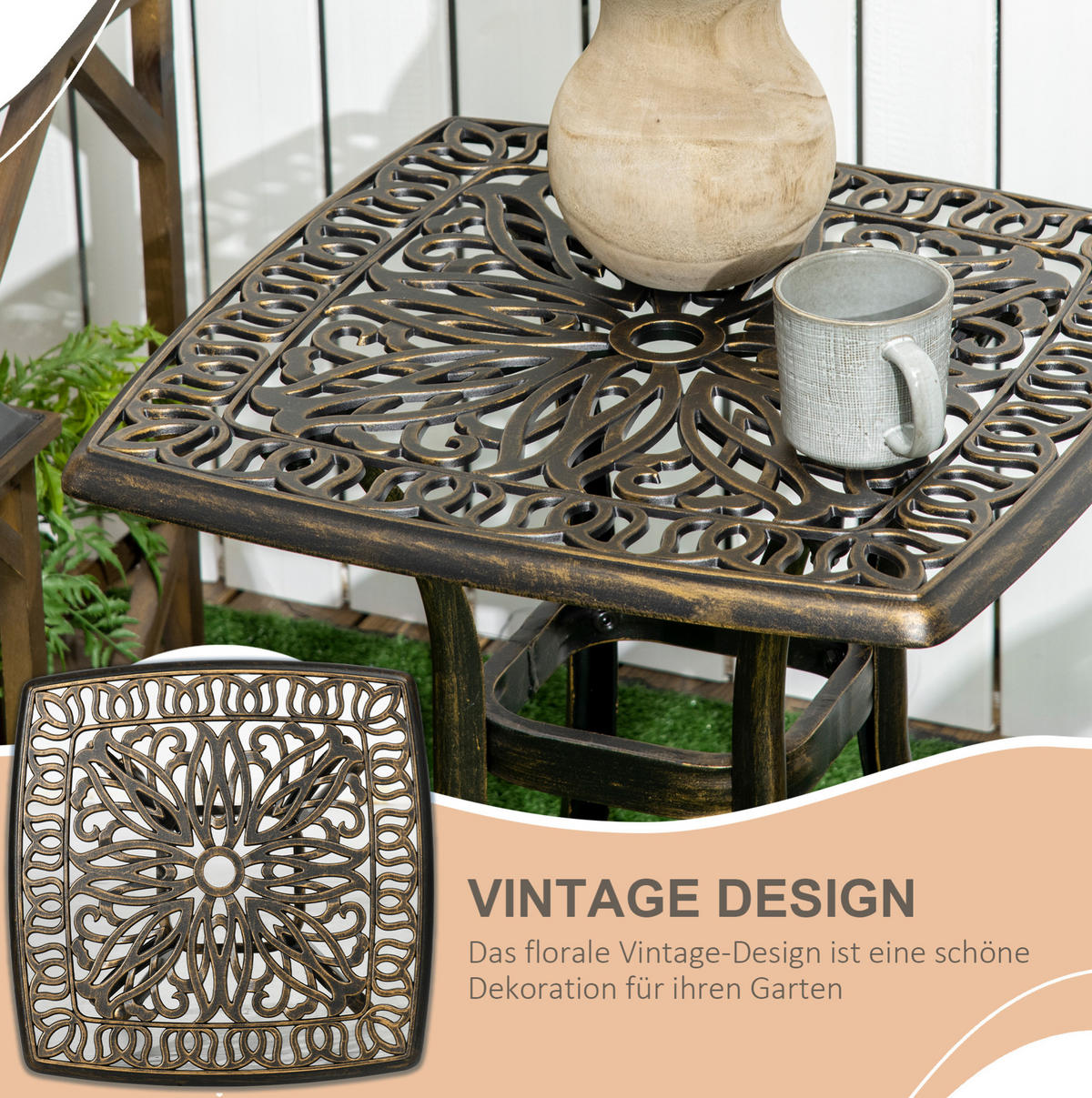 BEISTELLTISCH aus Aluminium 54x54x52,5 cm Bronze mit Schirmöffnung und verstellbaren Füßen im Vintage-Look - Bronzefarben, Metall (54/54/52.5cm) - Modfu