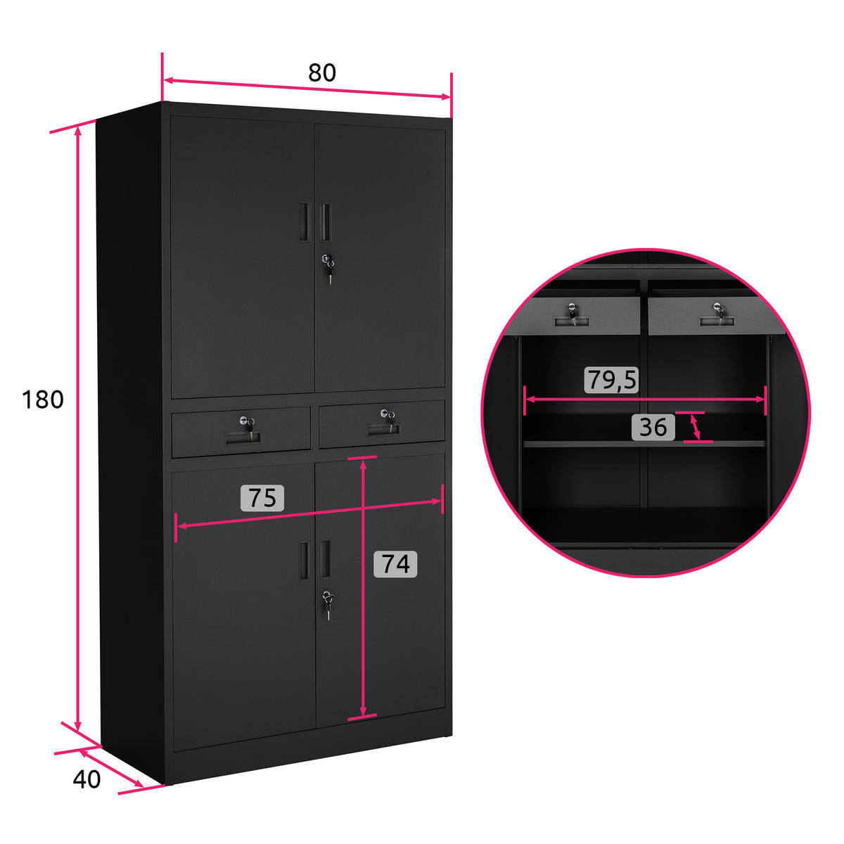 AKTENSCHRANK ,180 x 80 x 40 cm,schwarz/schwarz - Schwarz, Metall (40/180/80cm) - tectake