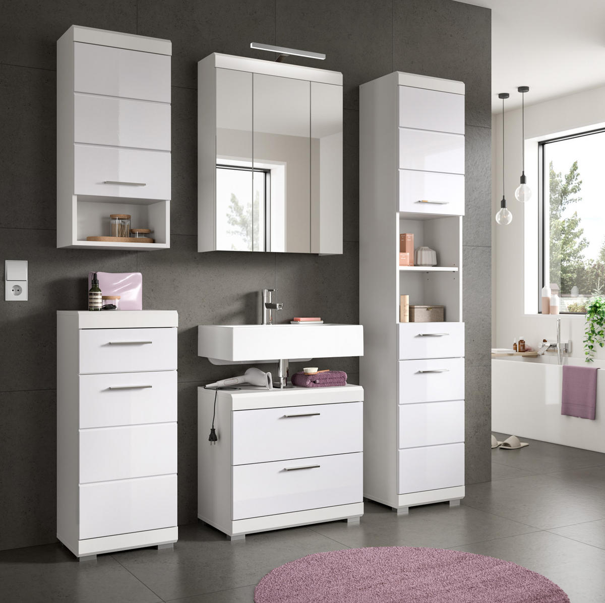 BADMÖBEL-SET weiß Hochglanz 5-teilig 164 cm, Komplettset mit viel Stauraum - Weiß Hochglanz, Glas/Holzwerkstoff (164/191/37cm) - Inn.Furn