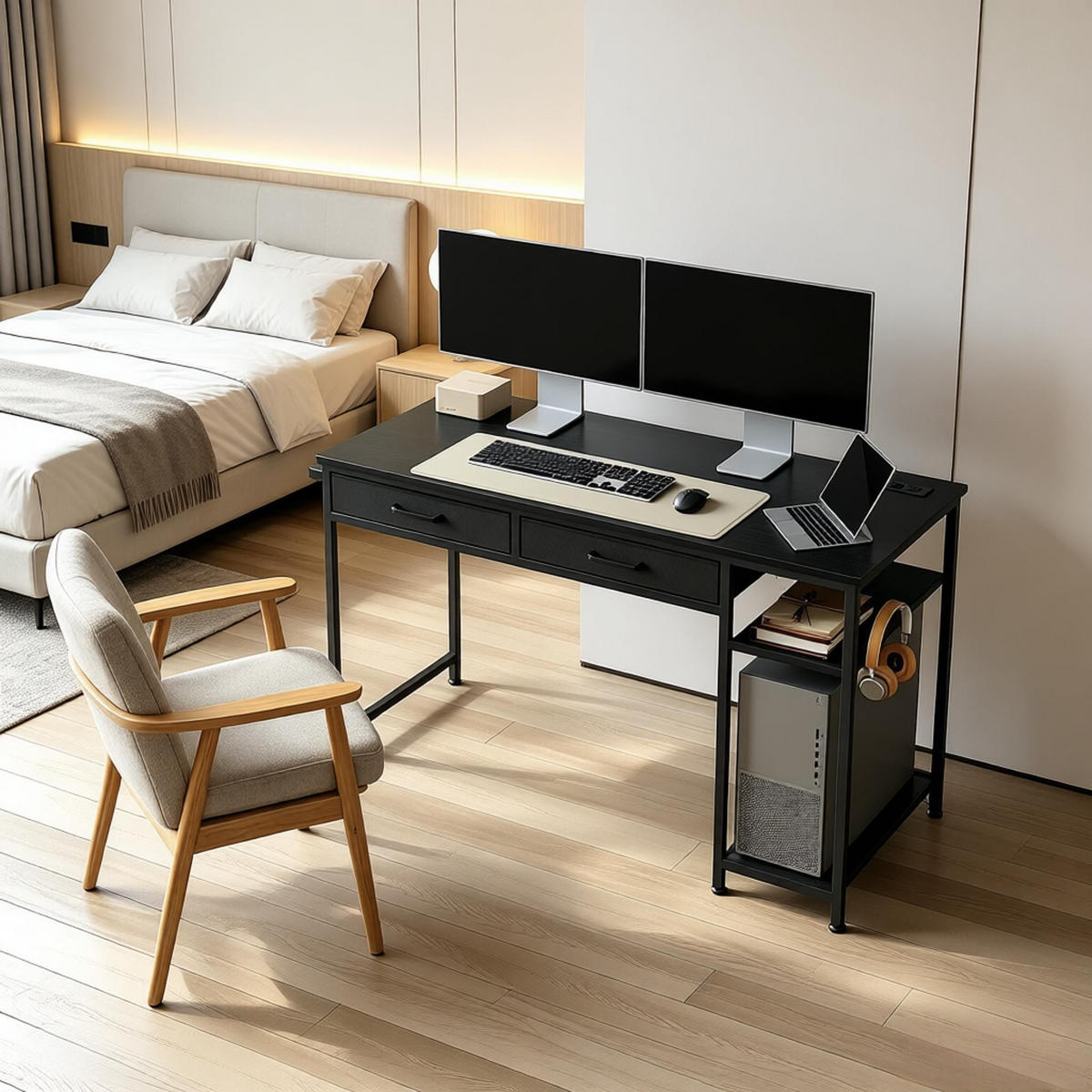 GAMINGTISCH Schwarz 120/51/75 cm mit Stromanschluss USB Typ-C und Stoffschubladen - Schwarz, Holzwerkstoff (51/120/75cm) - PANGIVO