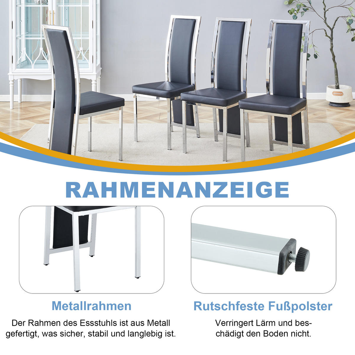 STUHL-SET DE-36611 4 Stück mit PU-Bezug und Metallrahmen Schwarz - Schwarz, Metall (42.7/109/44cm) - ComfortXL