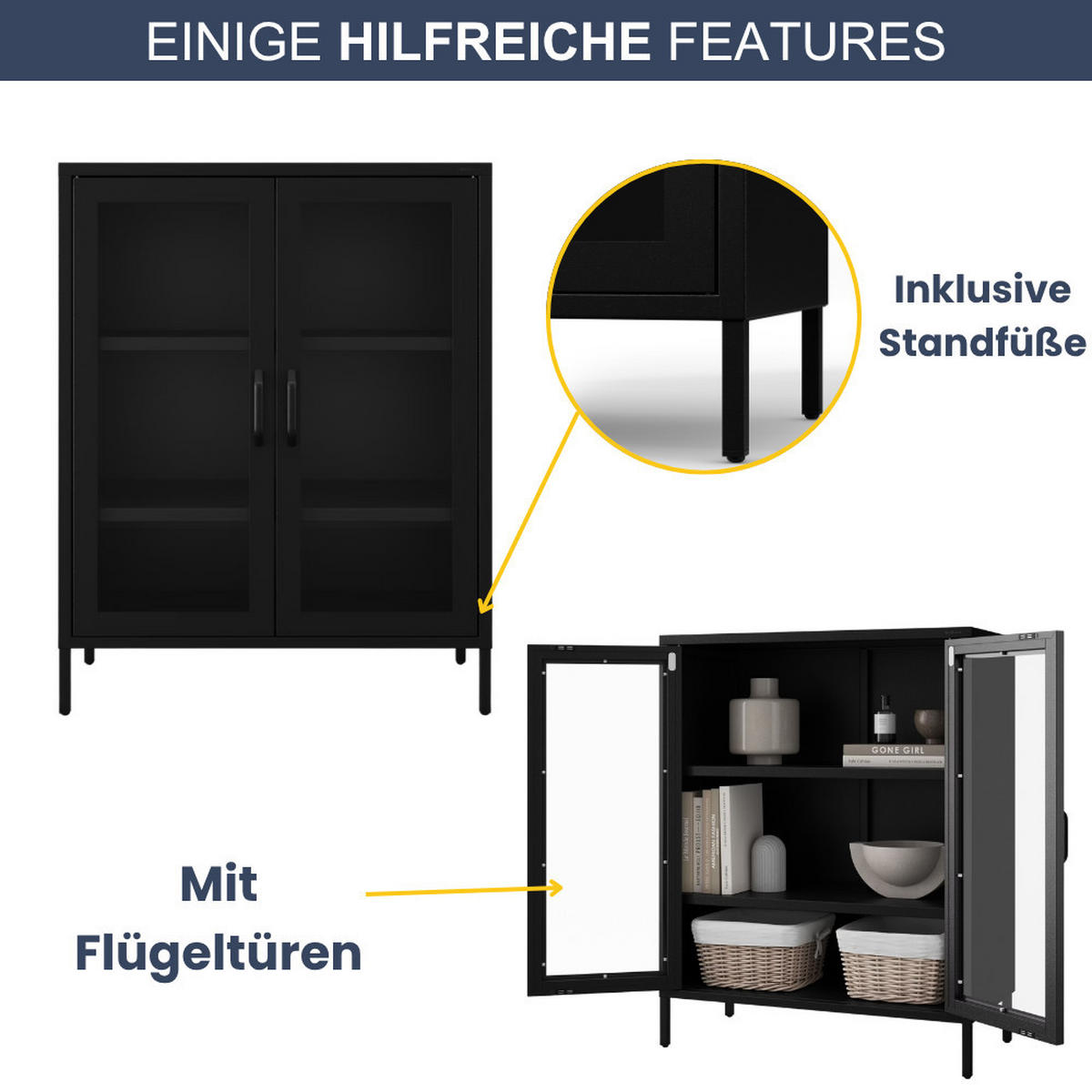 VITRINENSCHRANK klein GINA Bücherschrank Glasfenster Schwarz - Schwarz, Metall (80/101.5/40cm) - Jan Nowak
