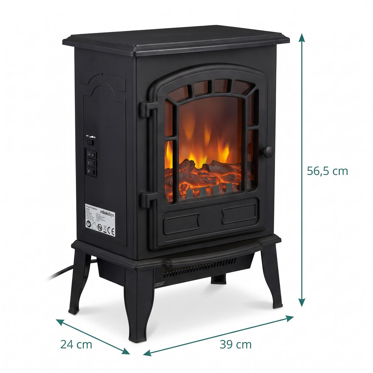 KAMIN Svart elektrisk med värmefläkt 2000 W - Svart, Glas/Plast (39/56.5/24cm) - Relaxdays
