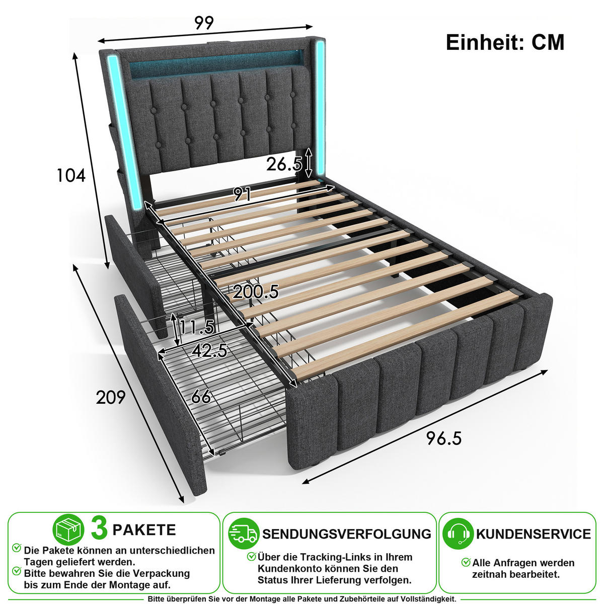 ČALOUNĚNÁ POSTEL 90/200 cm v šedé barvě s matrací, LED, USB-C a 2 zásuvkami - šedá, kov/kompozitní dřevo (90/200cm) - CHICFURN