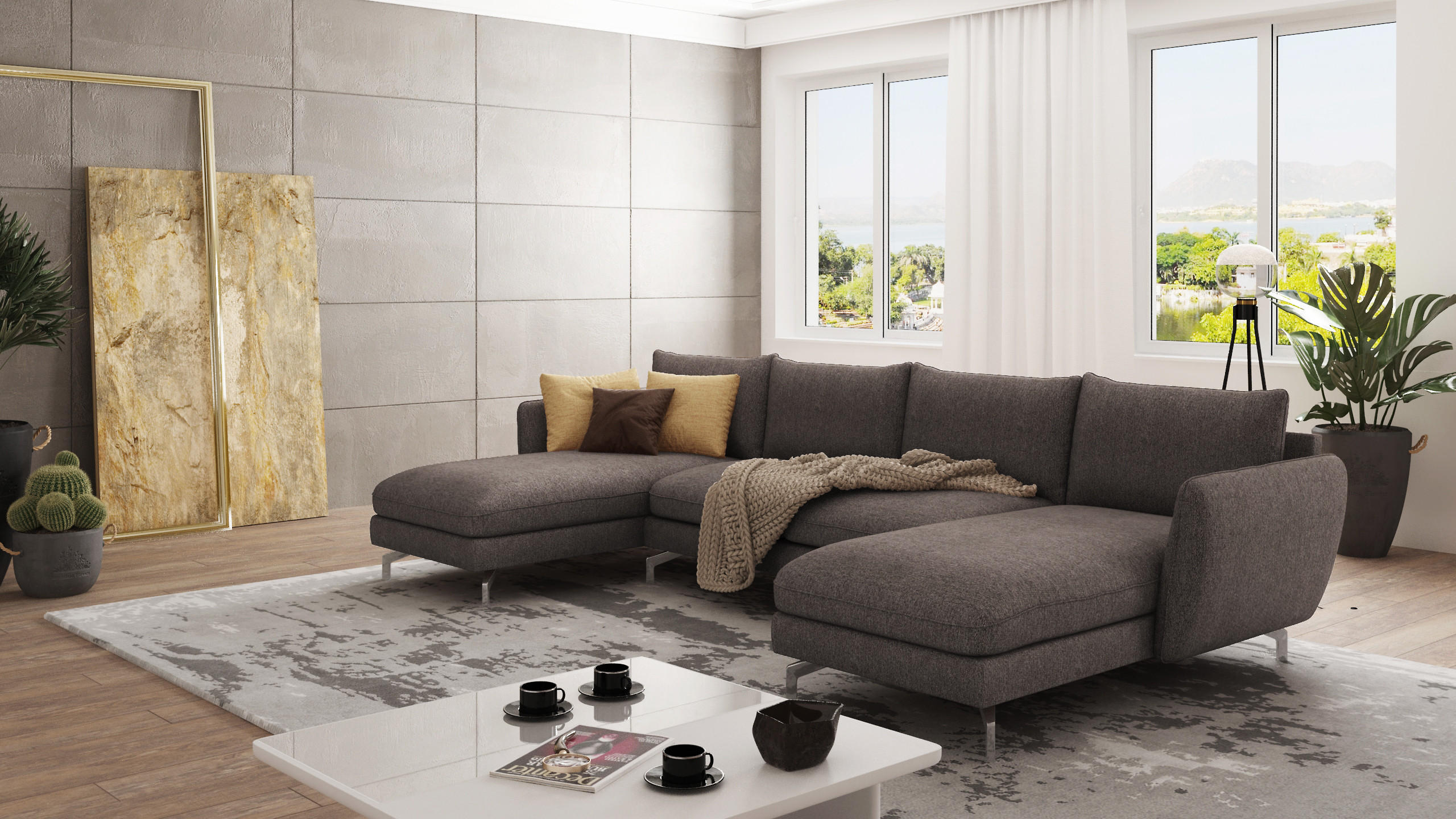 WOHNLANDSCHAFT Elou Braun - Khaki Luxusmicrofaser - Chromfarben/Dunkelbraun, Textil/Metall (349/87/167cm) - S-Style Möbel
