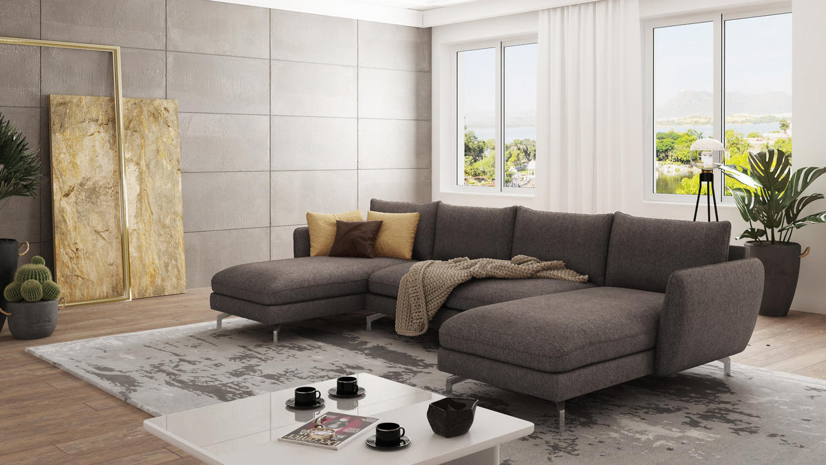 WOHNLANDSCHAFT Elou Braun - Khaki Luxusmicrofaser - Chromfarben/Dunkelbraun, Textil/Metall (349/87/167cm) - S-Style Möbel