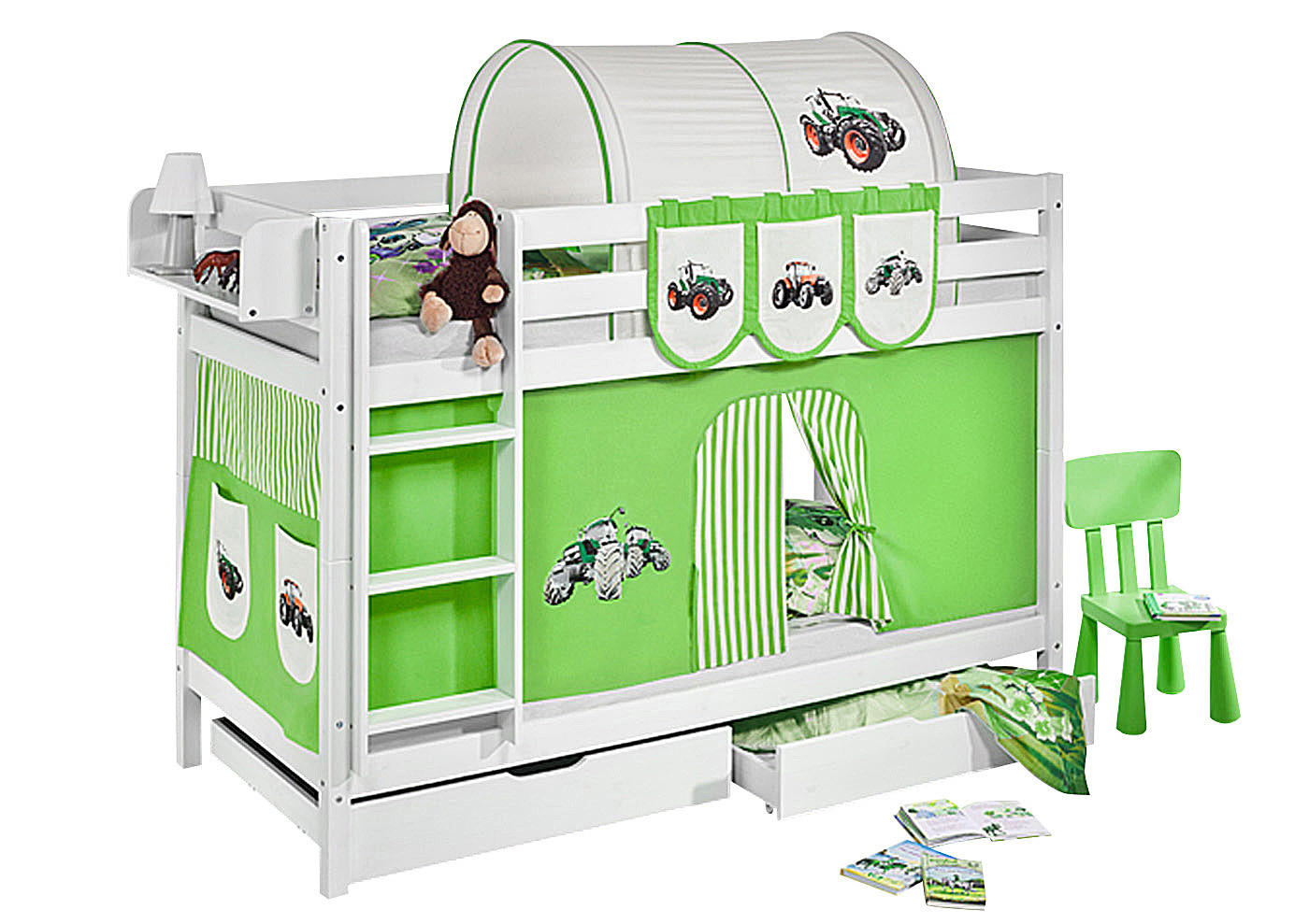 ETAGENBETT JELLE 90x200 cm Trecker grün - Hochbett - inkl. Vorhang und 2 Lattenrosten - Weiß, Holz - Lilokids