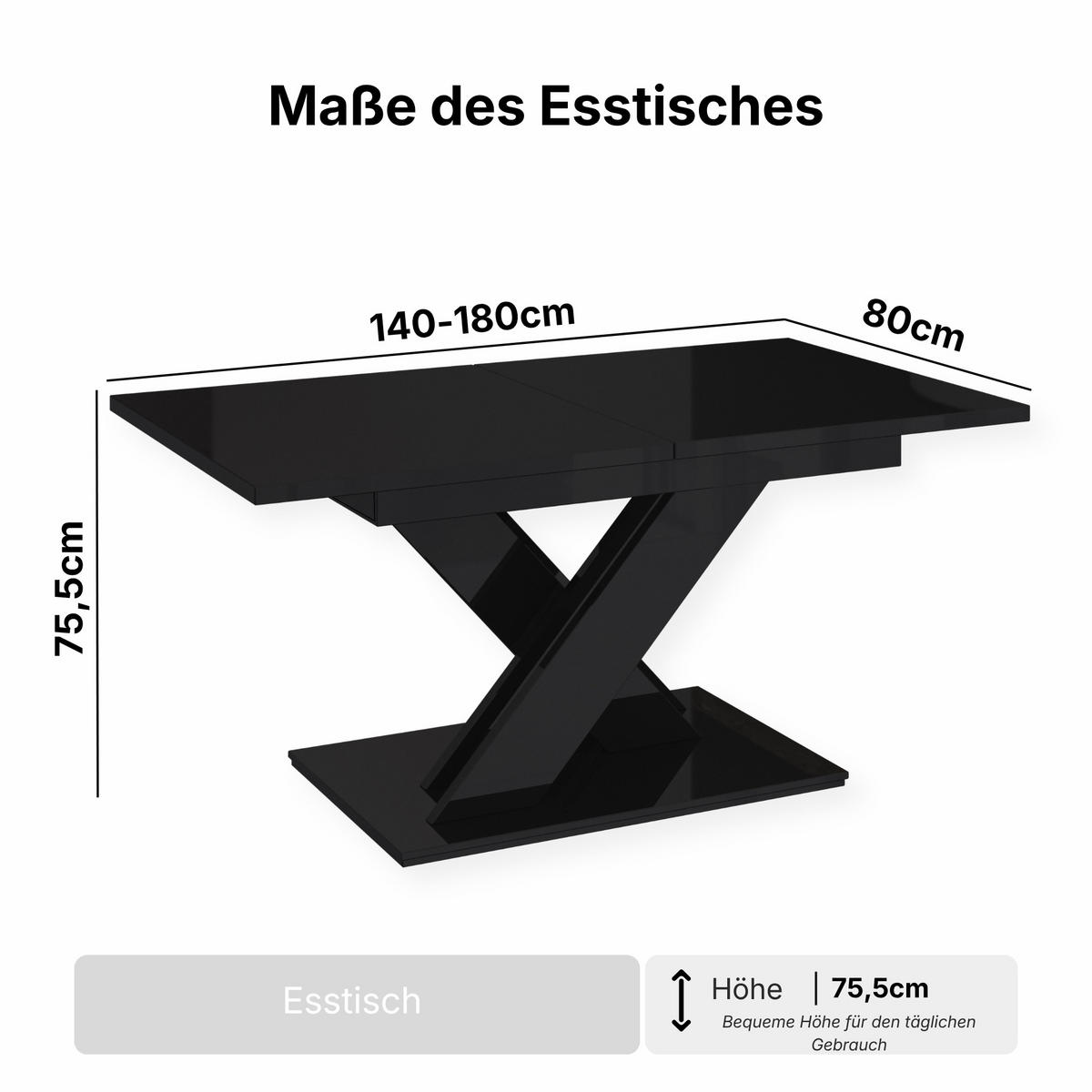 ESSTISCH Schwarz Hochglanz Ausziehbar 140 - 180 cm - Schwarz Hochglanz, Holzwerkstoff (140/80/75cm) - PROSPERO