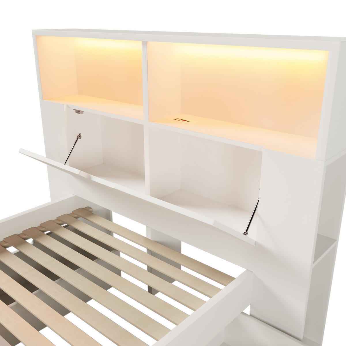 KINDERBETT Kindereinzelbetten 90/200 cm mit LED-Beleuchtung, USB-Anschlüssen, Schubladen, Regalen und Bettbank, Weiß - Weiß, Holzwerkstoff (90/200cm) - Redom