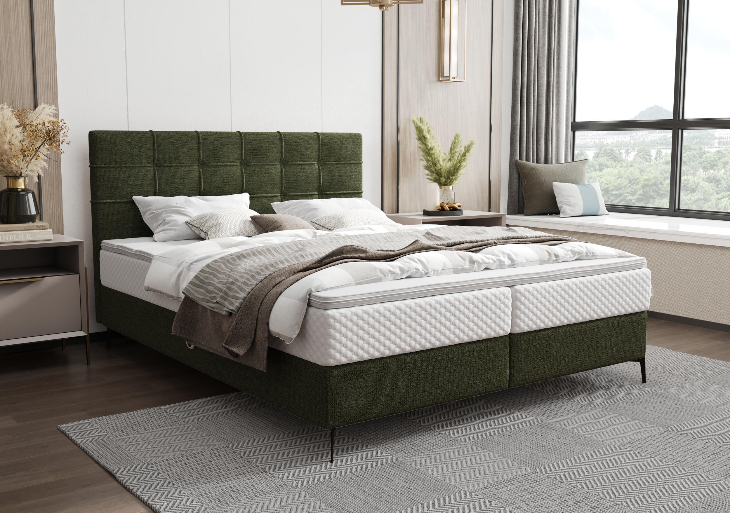 BOXBETT INAO 180x200 mit Matratze H3, Bonell und Topper ARAGON 39 - Grün, Textil (180/200cm) - Bedante