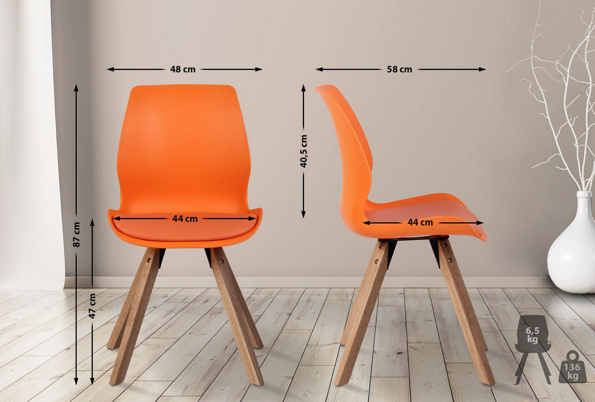 STUHL 2er Set Kunststoff orange - Eukalyptusholzfarben/Orange, Holz/Kunststoff (48/87/58cm) - CLP