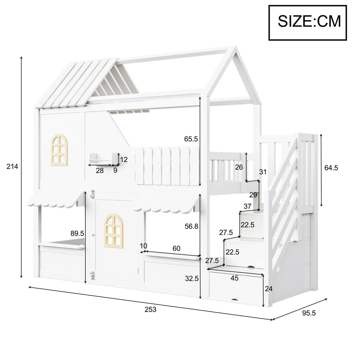 ETAGENBETT Holz 90x200 cm Weiß mit Stauraumleiter, LED-Beleuchtung und Regalen - Weiß, Holz (90/200cm) - Modfu