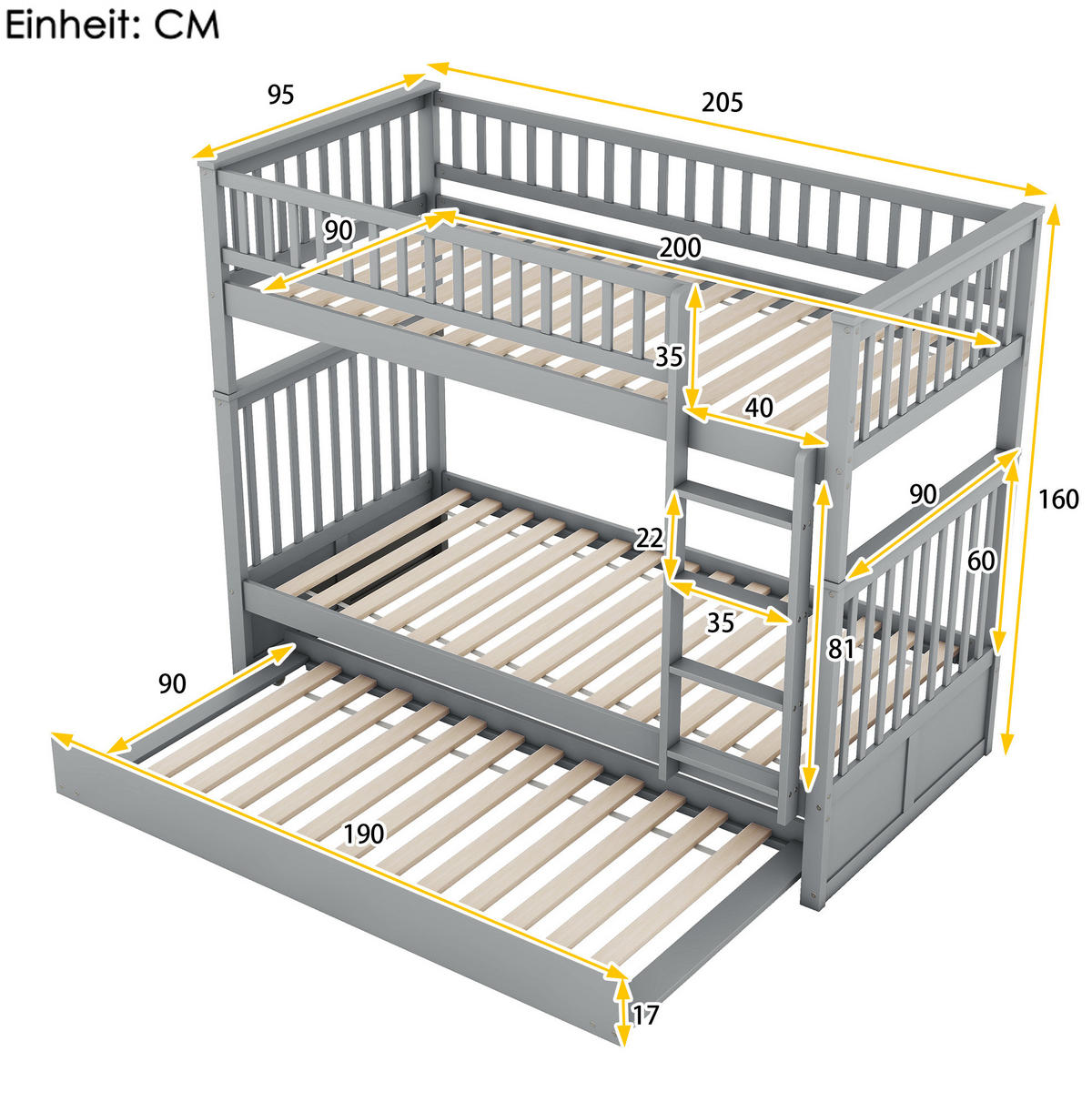 ETAGENBETT 90/200 cm aus Kiefernholz mit Ausziehbett, Grau - Grau, Holz (90/200cm) - OKMYHOME