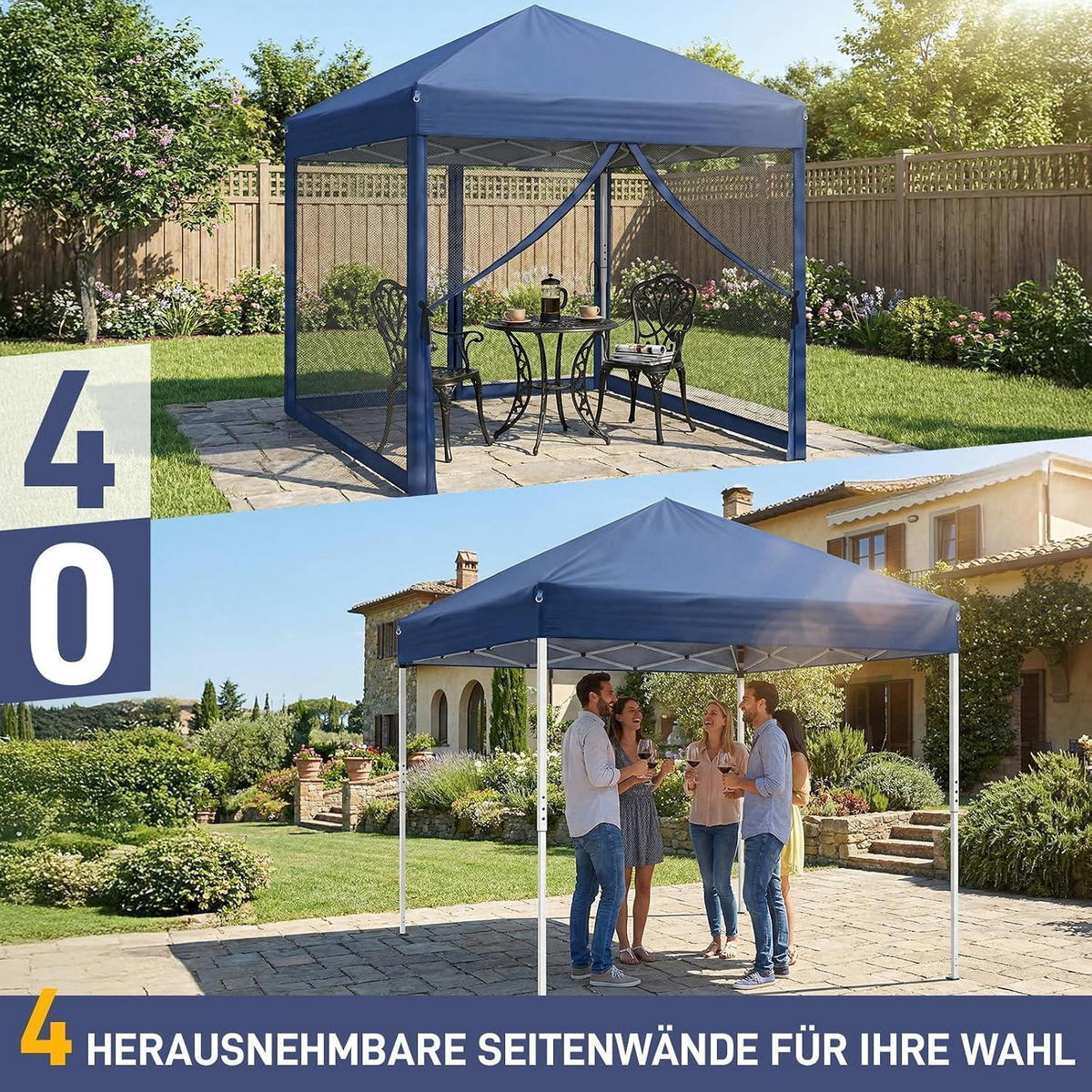 FALTPAVILLON 3x3 m mit Moskitonetzen Blau - Blau, Textil (300/245/300cm)