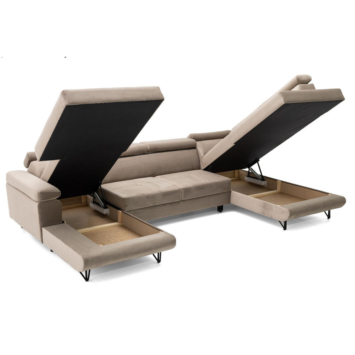 ECKSOFA U-Form JUNIOR U Rechts mit Schlaffunktion 128x254 Velours Beige - Beige/Schwarz, Holz/Textil (184/90/323cm) - Muffo