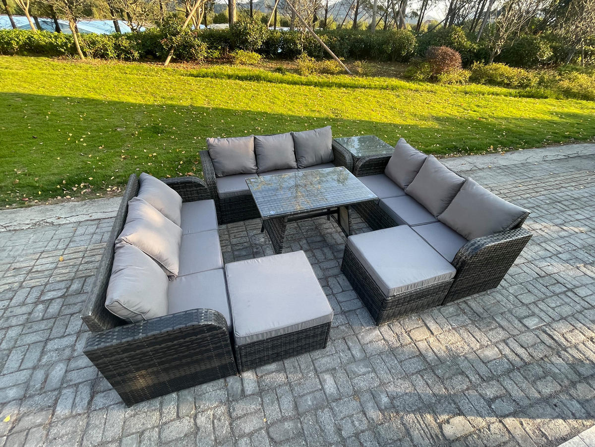 GARTENMÖBELSET mit ESSTISCH, 3-SITZER SOFA Polyrattan 11-Sitzer - Dunkelgrau/Grau, Glas/Kunststoff - Fimous