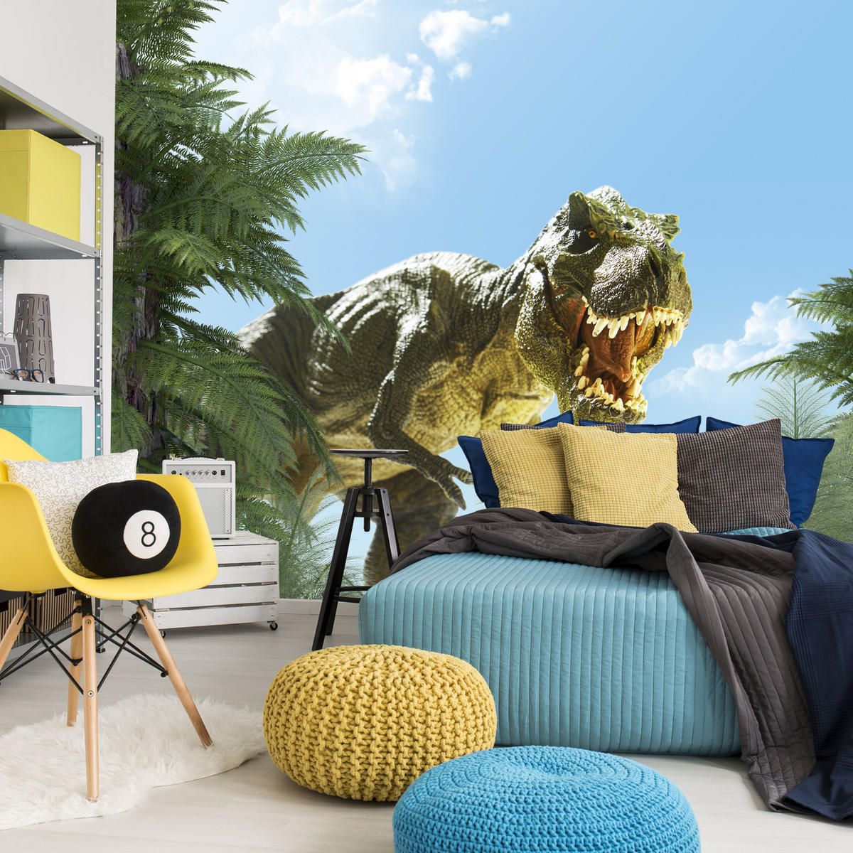 FOTOTAPETE für Jugendzimmer Riesen Dinosaurier Tropenwald Pflanzen 450x315 - Blau/Braun, Papier (450/315cm) - Muralo