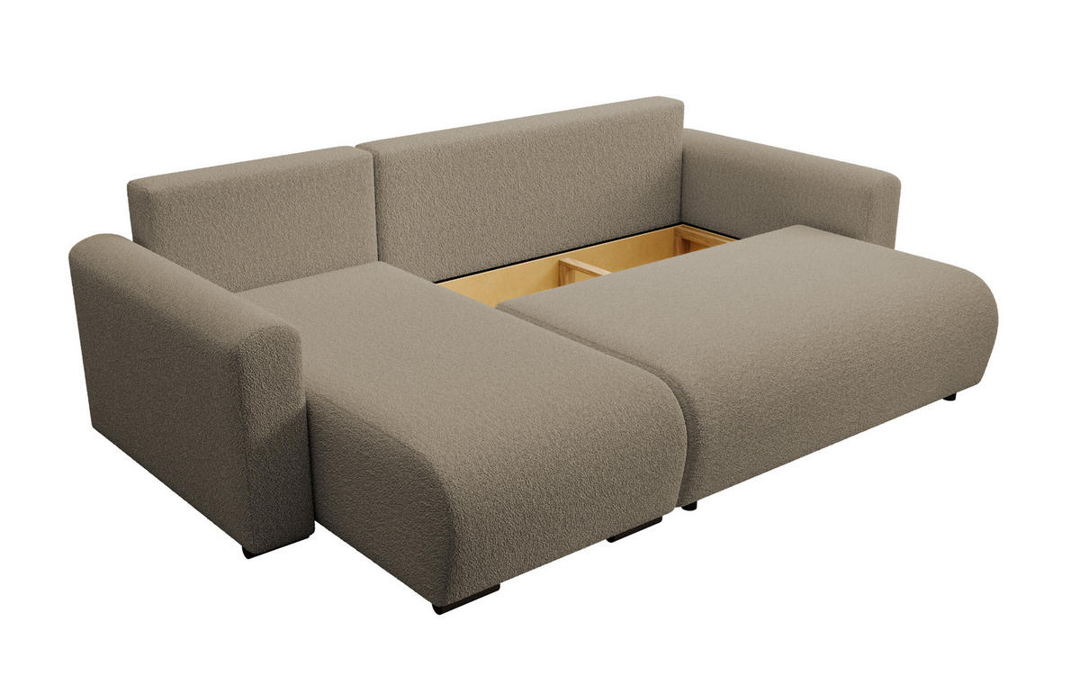 ECKSOFA DORA L, Eckcouch in L-Form mit Schlaffunktion und Bettkasten, Farbe: Hellbraun, Bouclé-Stoff, Ottomane Links - Hellbraun, Textil (240/143cm) - Storez24