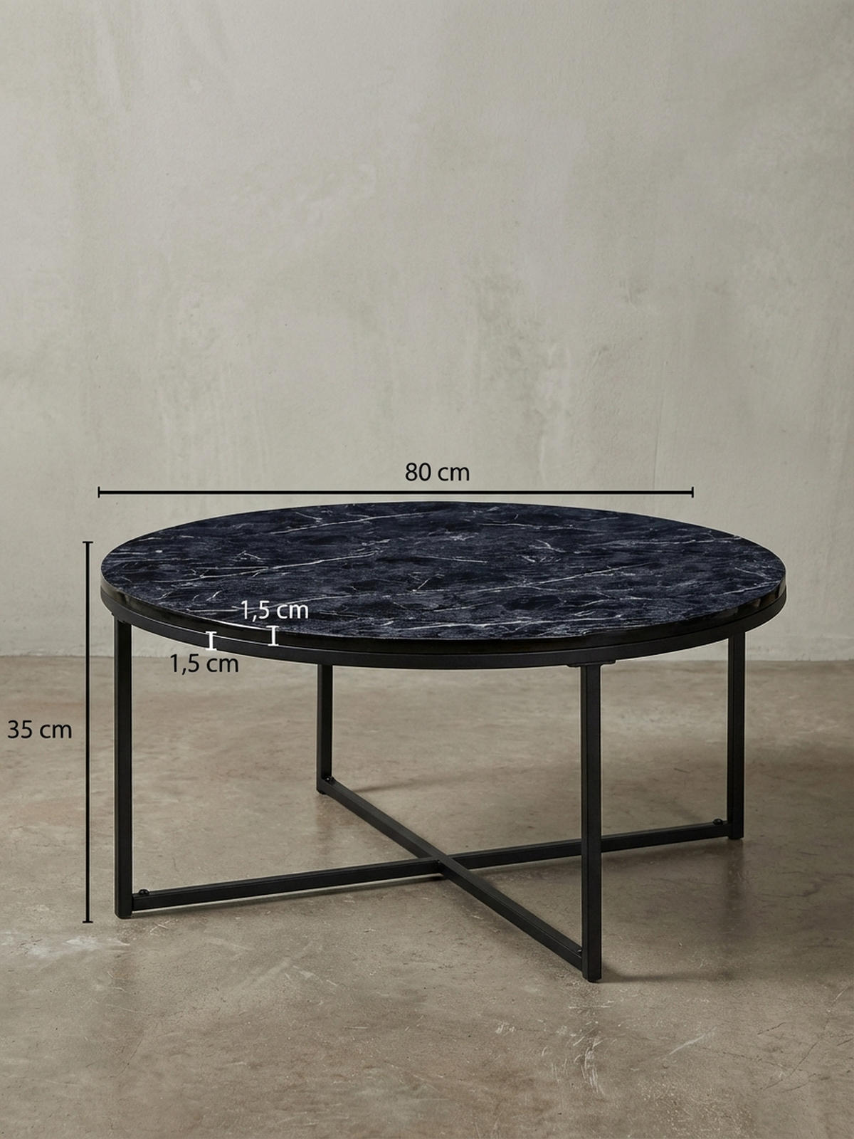 COUCHTISCH mit Marmor-Optik und Hochglanz-Finish, rund, Schwarz 80x80x35 cm - Schwarz, Holz/Metall (80/80/35cm) - KADIMA DESIGN