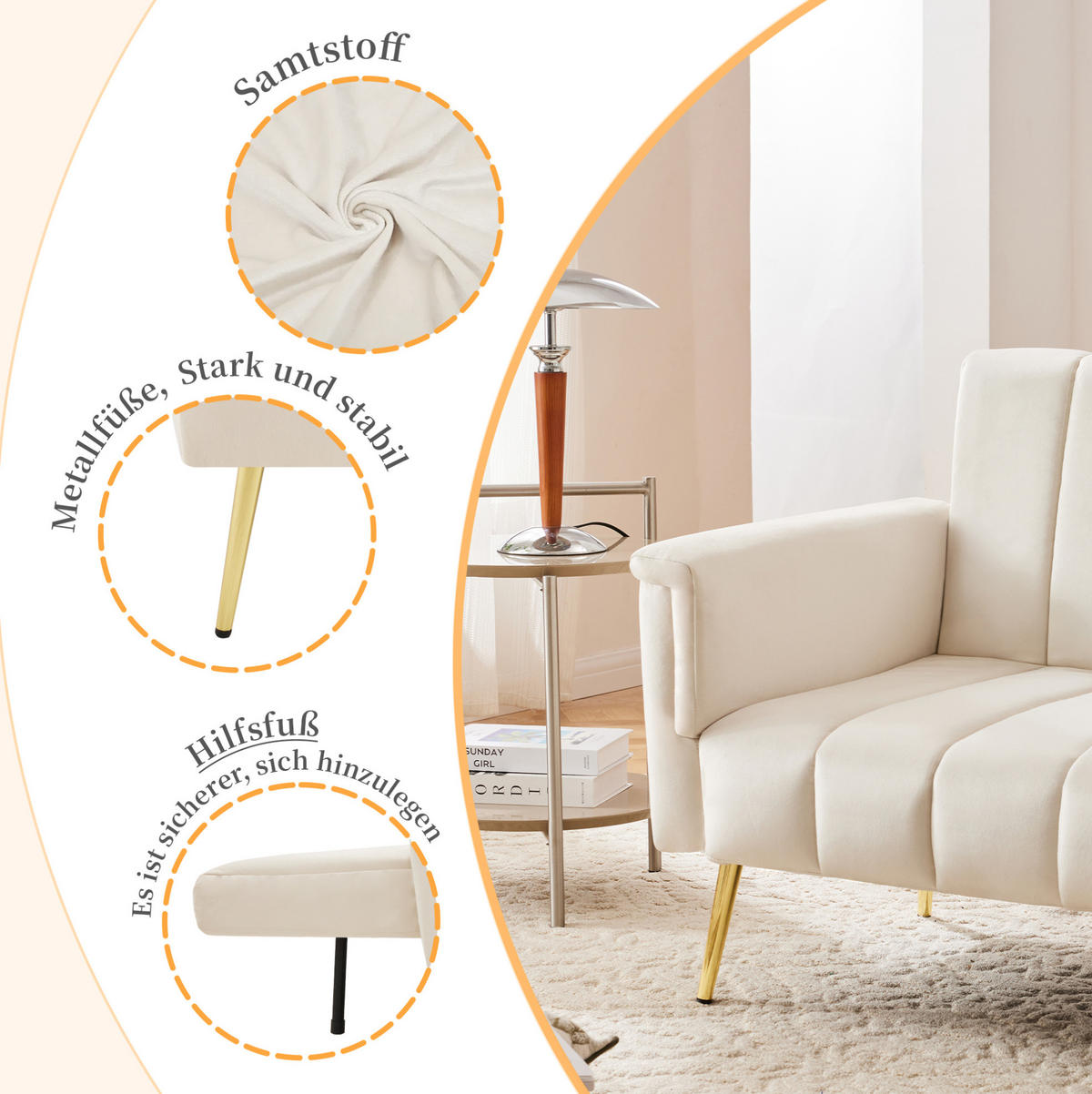 SCHLAFSOFA, Samt mit verstellbarer Rückenlehne & Armlehnen, 183/76/75 cm, Beige - Beige, Textil (76/75/183cm) - Redom
