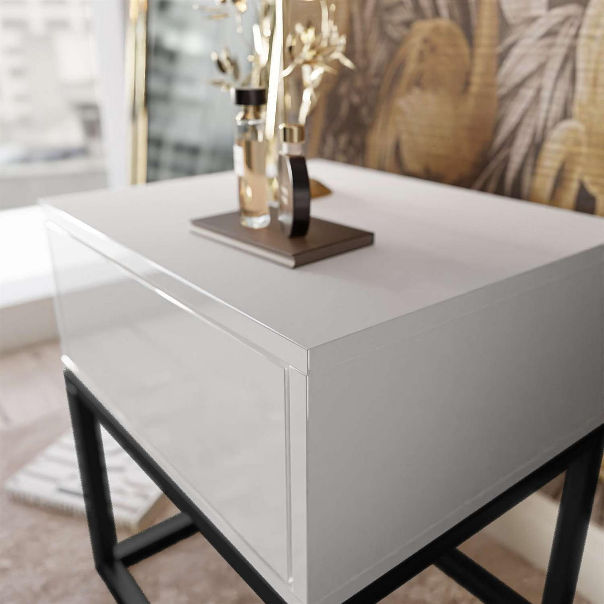 NACHTTISCH BLANCO LOFT II auf schwarzem Gestell Weiß Hochglanz - Weiß Hochglanz, Holzwerkstoff (45/52/36.5cm) - Lookway