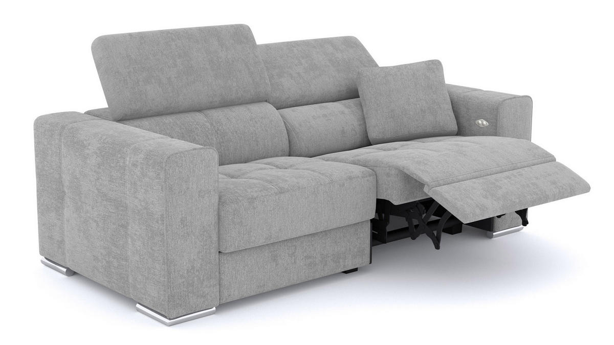 SOFA QUARTZ 3-Sitzer mit 1 Relaxfunktion, hellgrau - Silberfarben/Hellgrau, Holzwerkstoff/Textil (204/80/102cm) - Courtois Laville