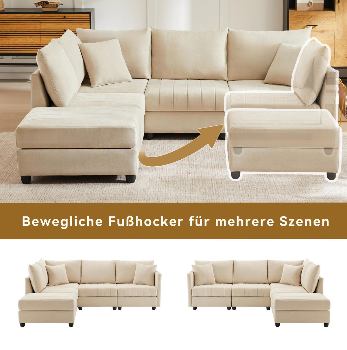 WOHNLANDSCHAFT aus Baumwolle und Leinen 220x194x85 cm in Beige mit flexiblem Hocker - Beige, Textil (194/85/220cm) - Modfu