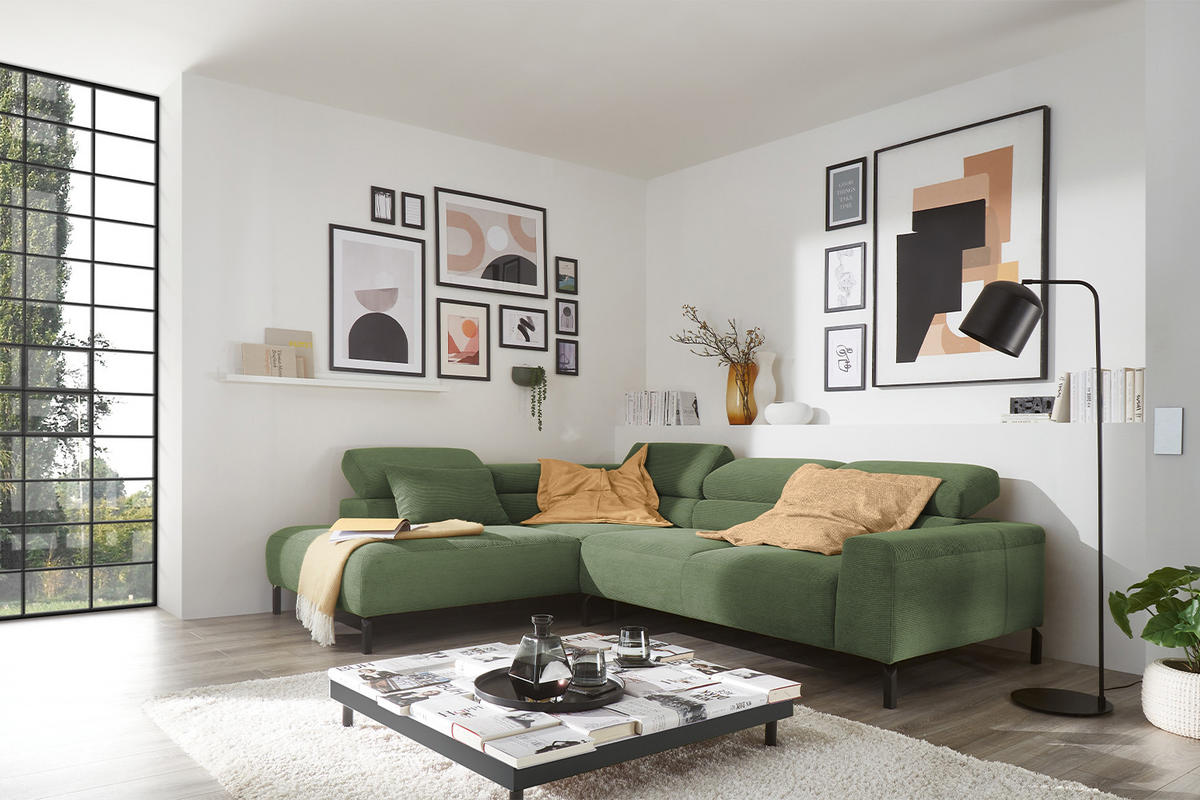 ECKSOFA MIT MOTORISCHEM SITZVORZUG DELIA Grün Cord - Schwarz/Grün, Textil/Metall (276/219cm) - KAWOLA