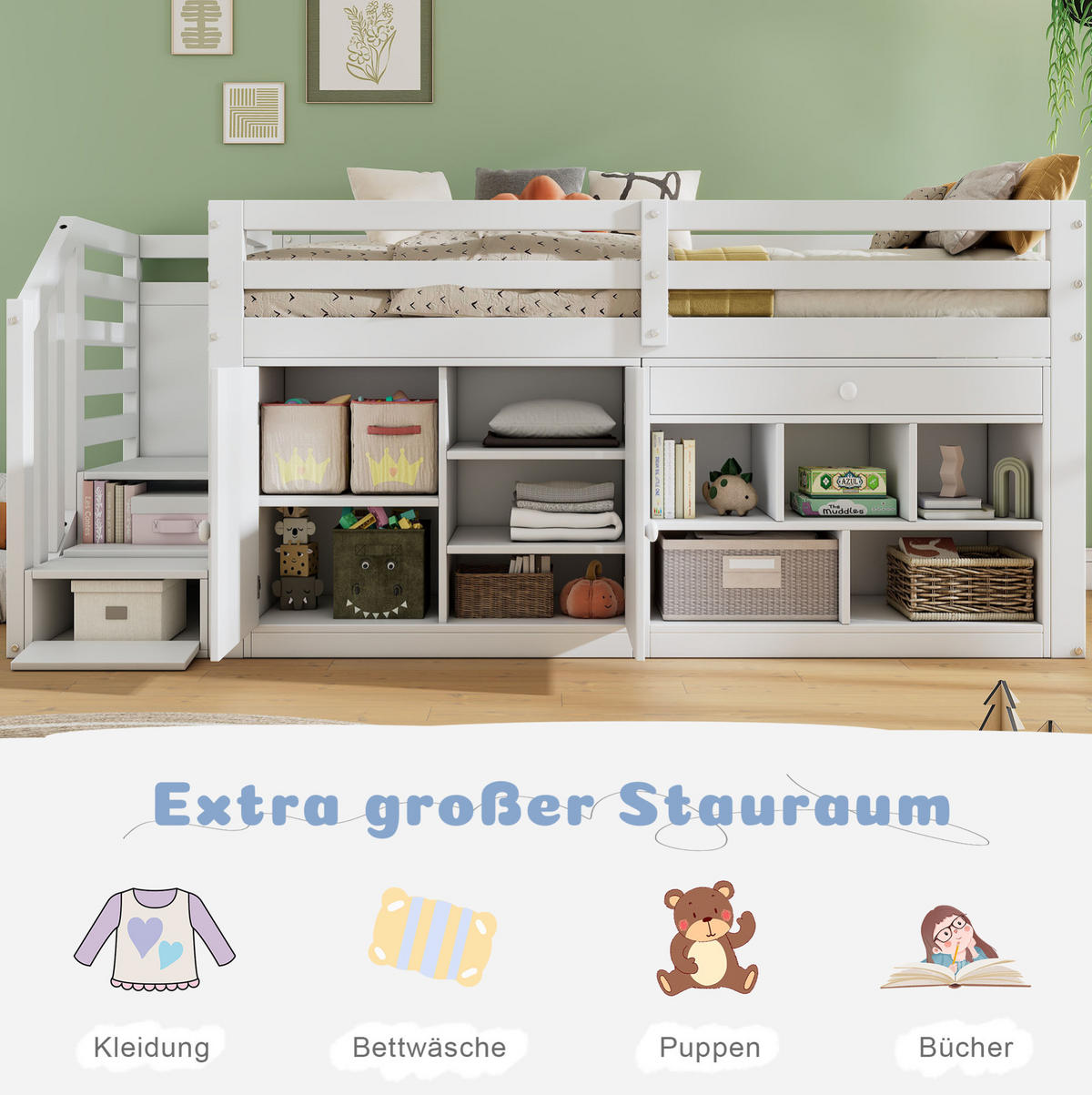 KINDERBETT 90/200 cm weiß aus Massivholz mit Treppe und Stauraum - Weiß, Holz (90/200cm) - OKWISH