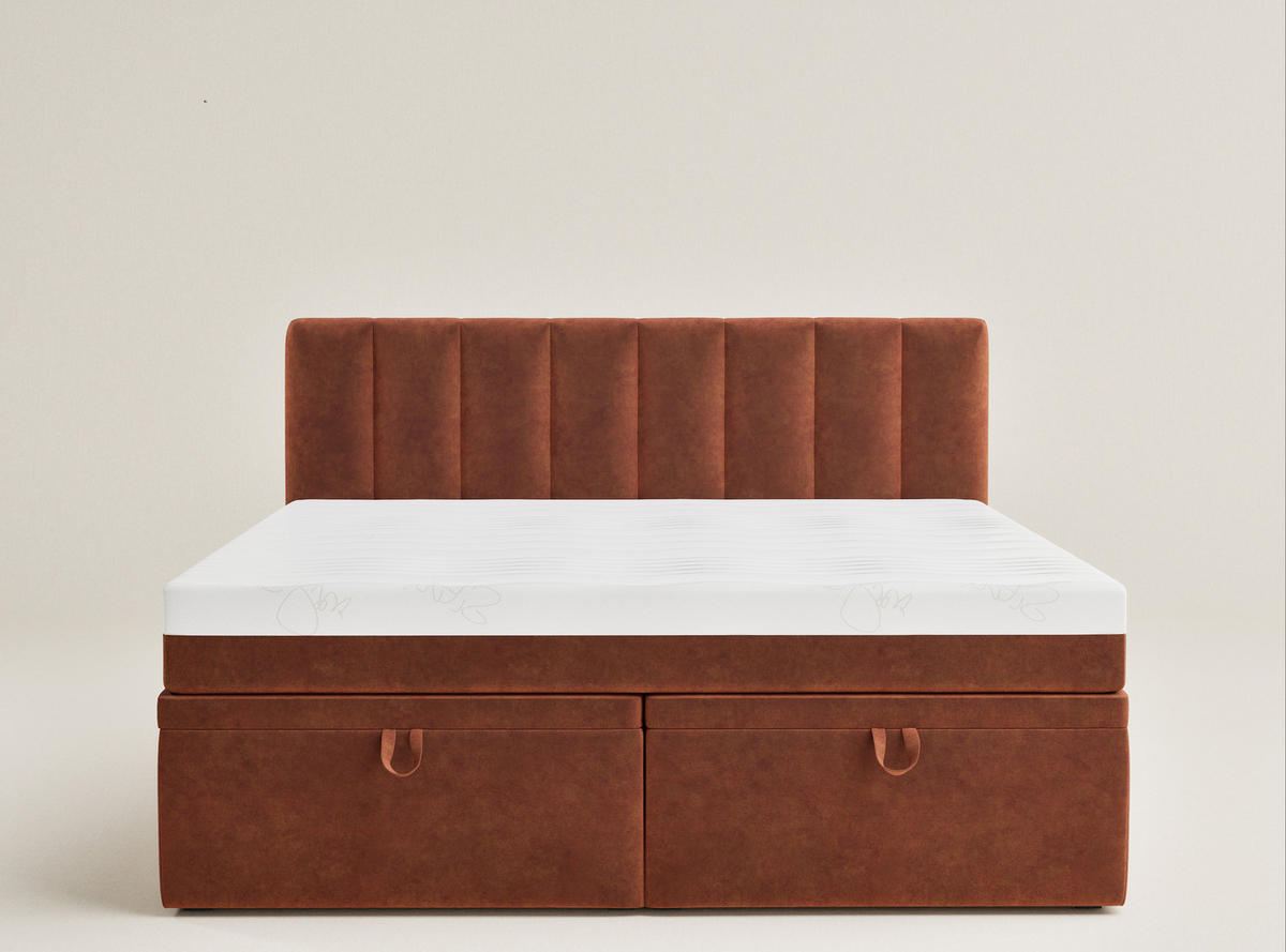 BOXBETT 140/200 cm Lovage S, in Kupferfarbe, Matratze, gepolstertes Kopfteil, Bettkasten, H3 = fest - Schwarz/Kupferfarben, Holz/Holzwerkstoff (140/200cm) - Maison de Reve