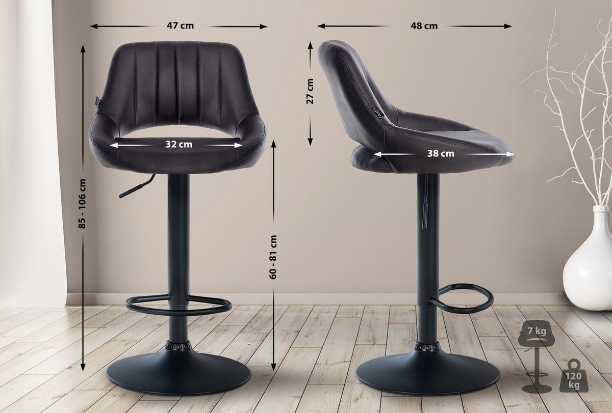 BARHOCKER 2er Set Milos Kunstleder B braun - Schwarz/Braun, Kunststoff/Metall (47/106/48cm) - TPFLiving