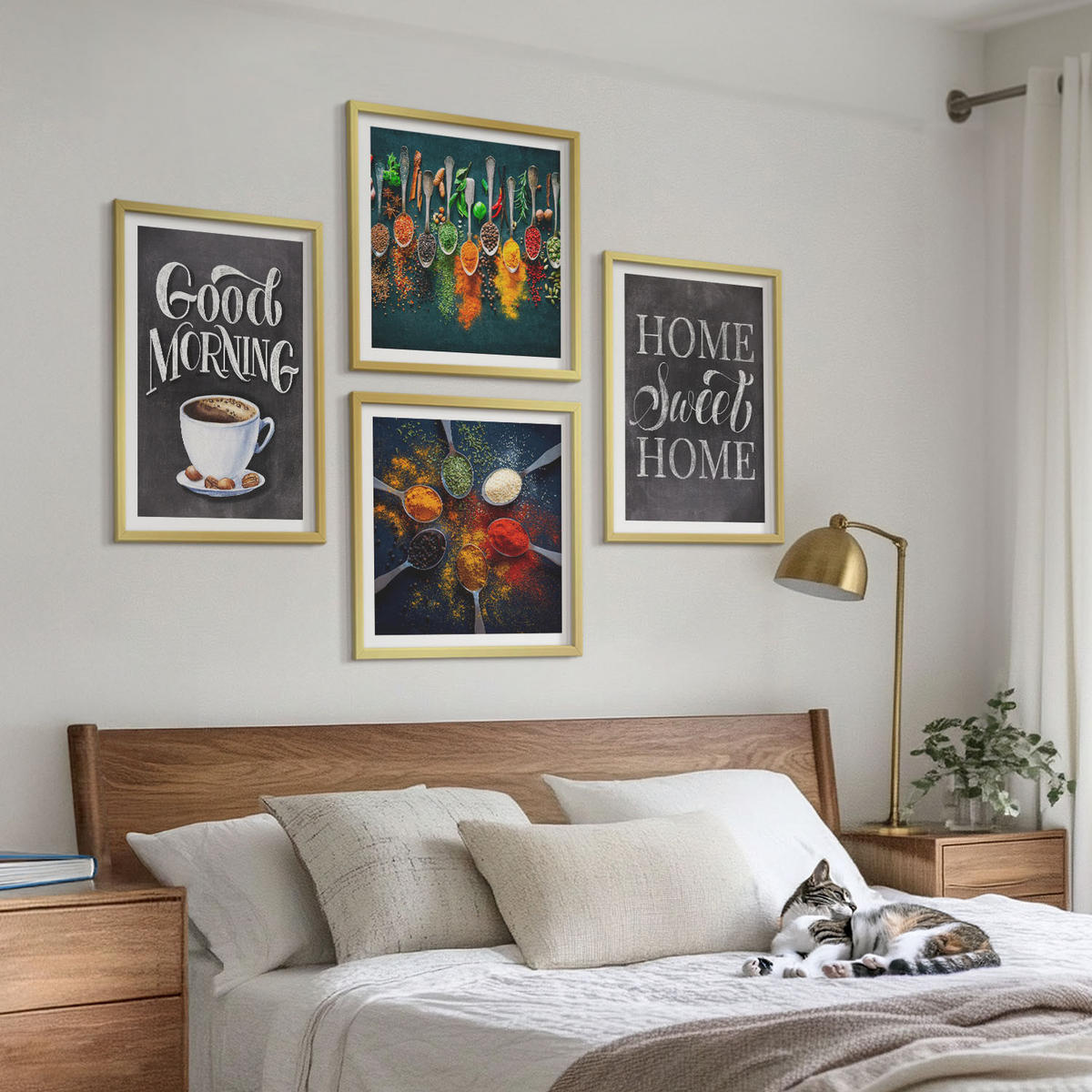 BILDER SET 4er Set - 50x50 cm & 40x60 cm Goldrahmen - Gewürze, Kaffee, Tasse, Kräuter - Goldfarben, Kunststoff (50/50cm) - TULUP