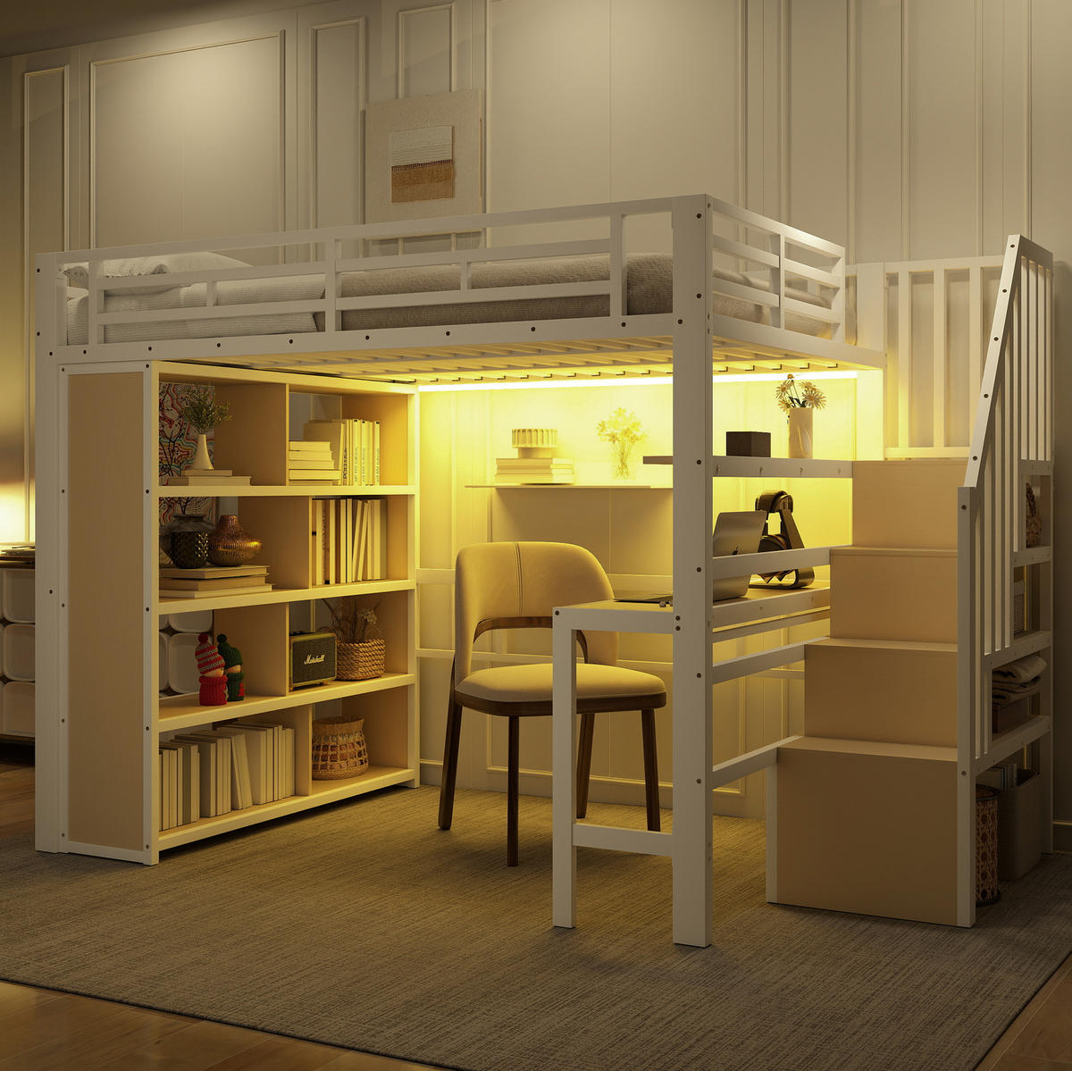 HOCHBETT 140/200 cm Weiß aus Metall mit Schreibtisch und LED-Lichtleiste - Weiß, Metall (140/200cm) - OKMYHOME