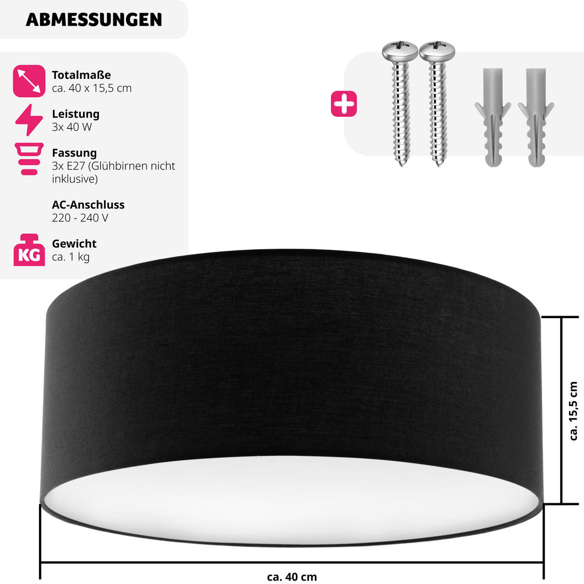 DECKENLEUCHTE Circum ,40 x 15,5 cm ,schwarz - Schwarz, Kunststoff (40/40/15.5cm) - tectake