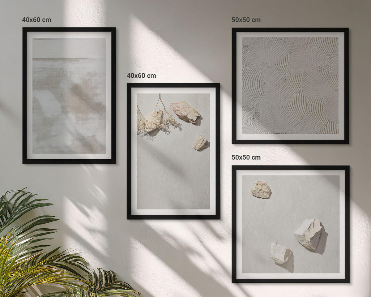 BILDER SET 4er Set - 50x50 cm & 40x60 cm Schwarzer Rahmen - Boho-Textur aus Sandsteinen - Schwarz, Kunststoff (50/50cm) - TULUP