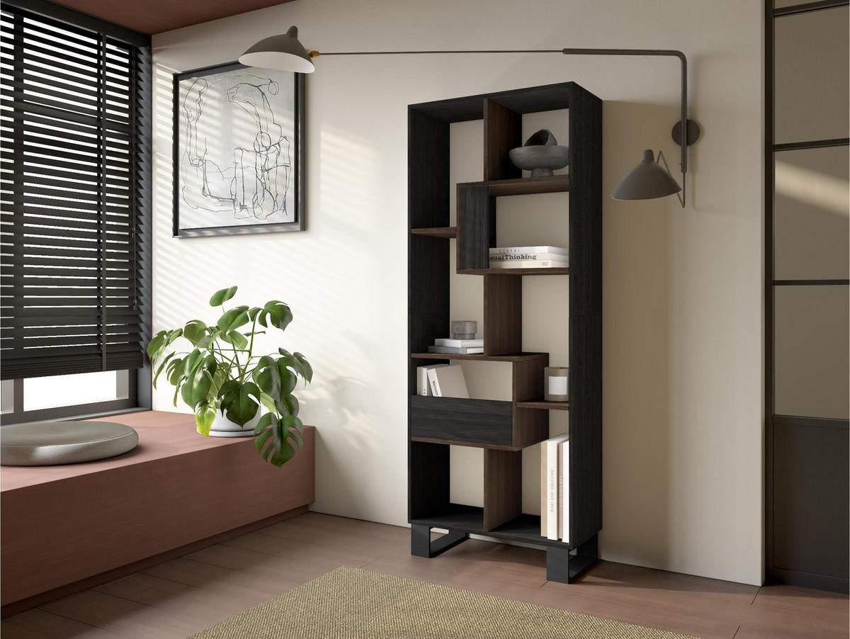 REGAL Bibliothek, Schwarz und Eiche dunkel, 67/31/174cm - Dunkelbraun/Schwarz, Holzwerkstoff (67/174/31cm) - Skraut Home