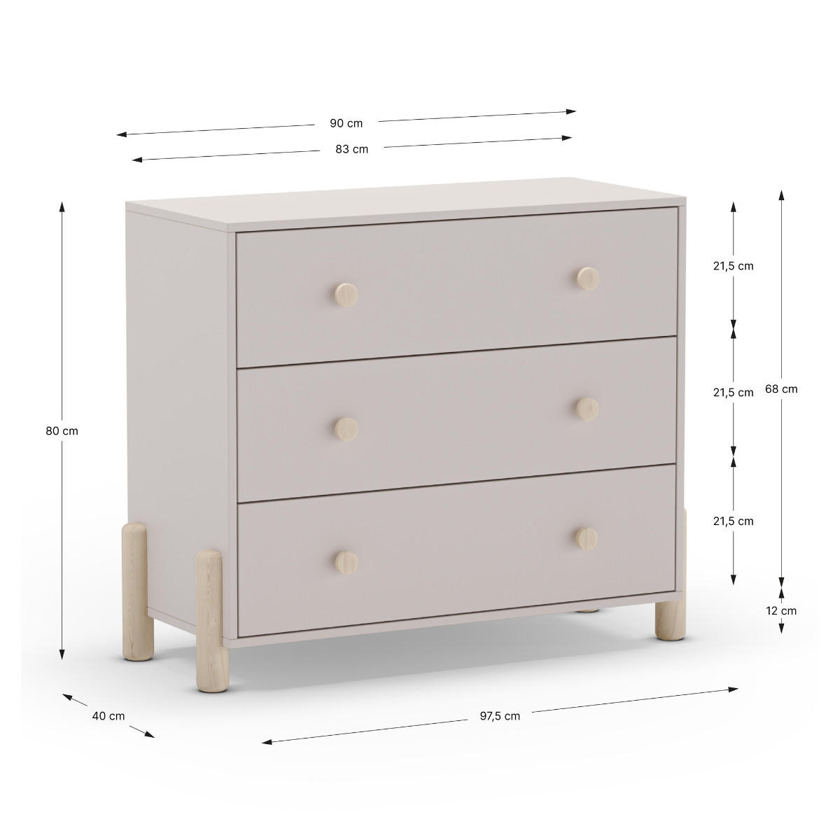 KOMMODE mit 3 Schubladen, L90 cm 40/90/80 cm - Beige, Holz (40/80/90cm) - Calicosy