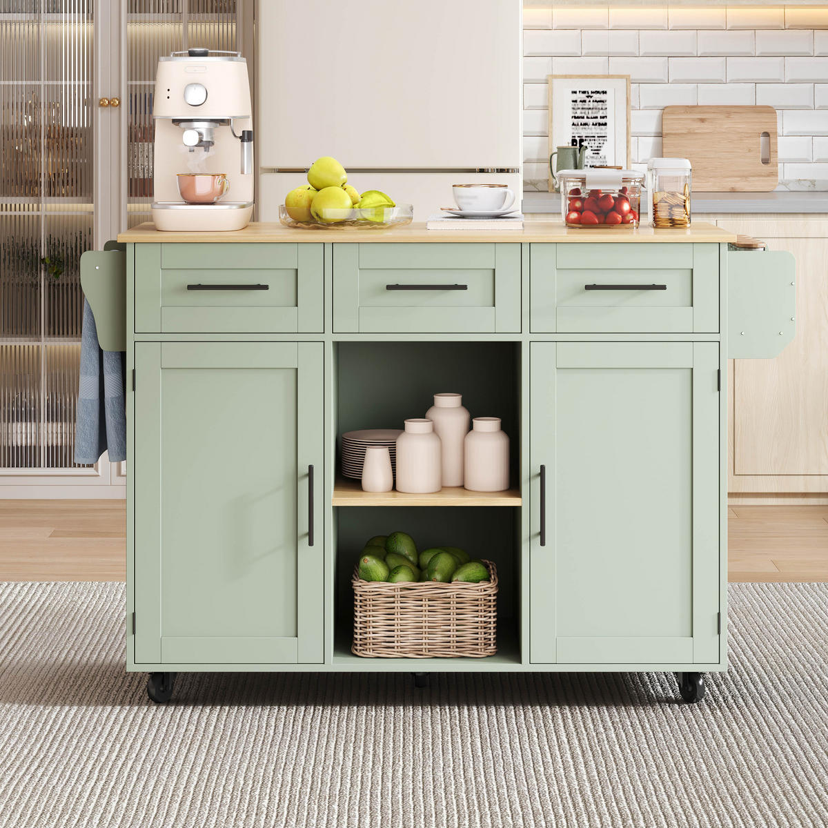KÜCHENINSEL 139 cm MDF Antikgrün mit Holzoptik Arbeitsplatte und Rollen - Pastellgrün, Holzwerkstoff (46/91.5/139cm) - Korfee