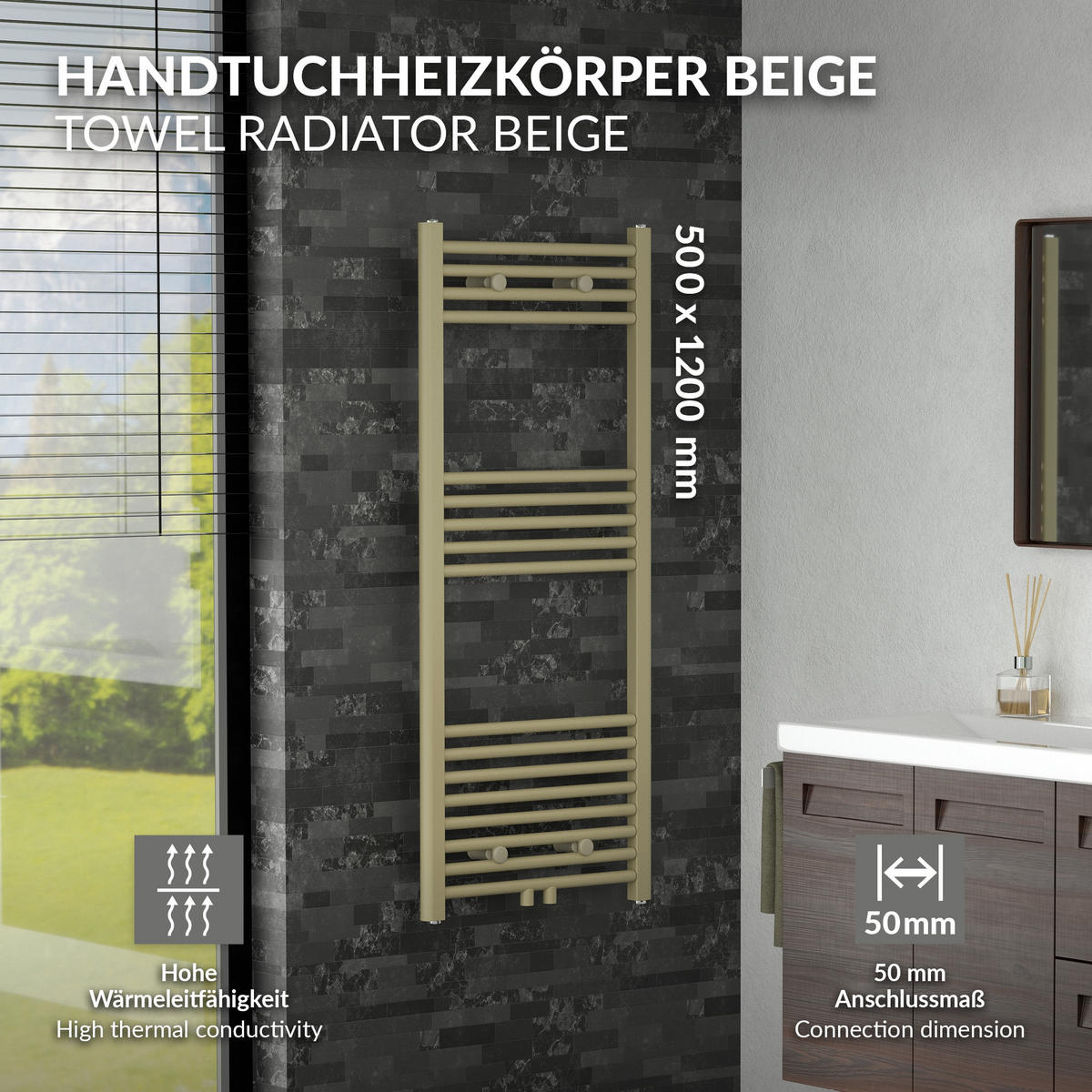 RUČNÍKOVÝ radiátor 500 x 1200 mm, béžový, rovný s středovým připojením - béžová, kov (50/120/3cm) - LuxeBath